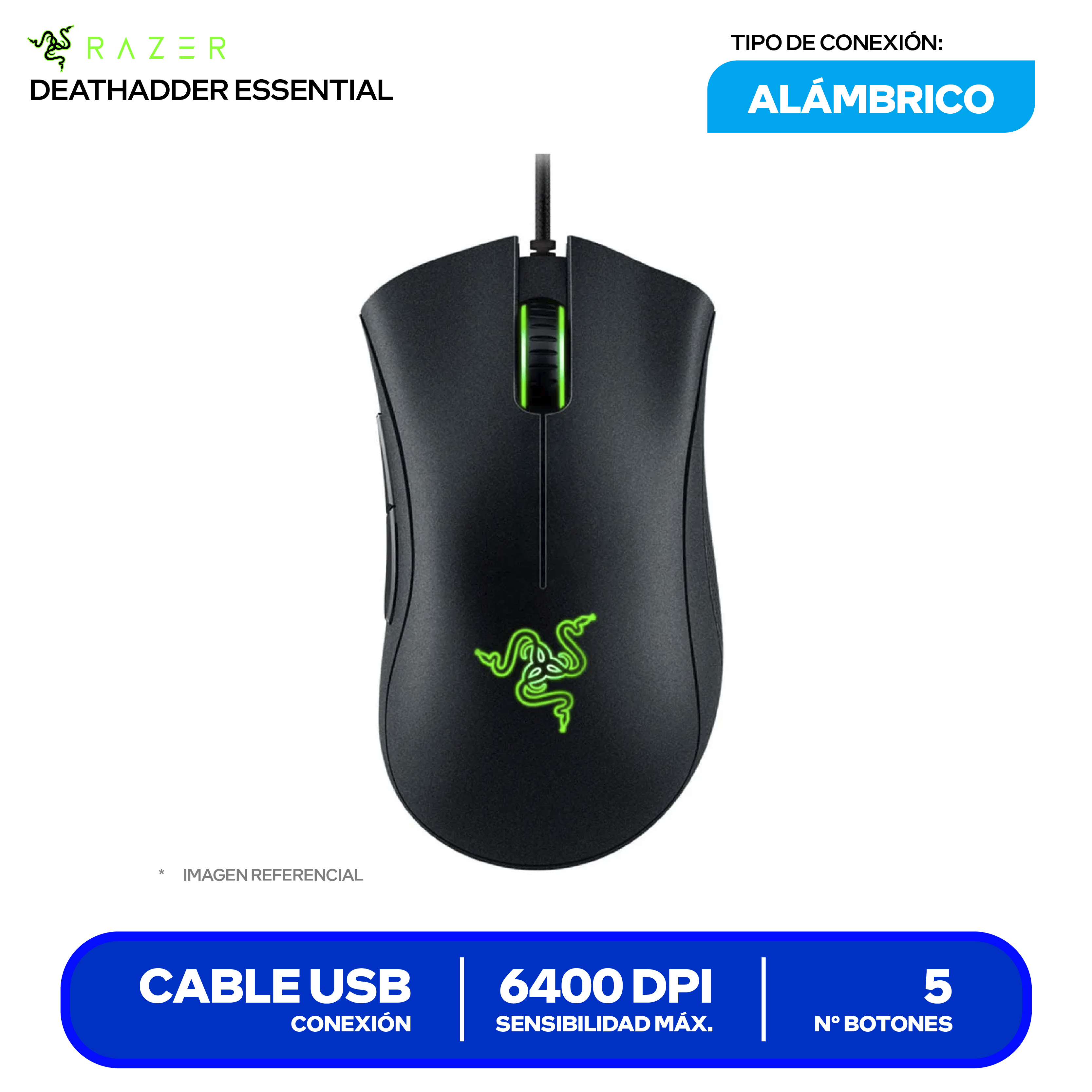 Mouse Gamer Ergonómico Razer DeathAdder Essential (RZ01-03850100-R3U1) Negro 6400 DPI