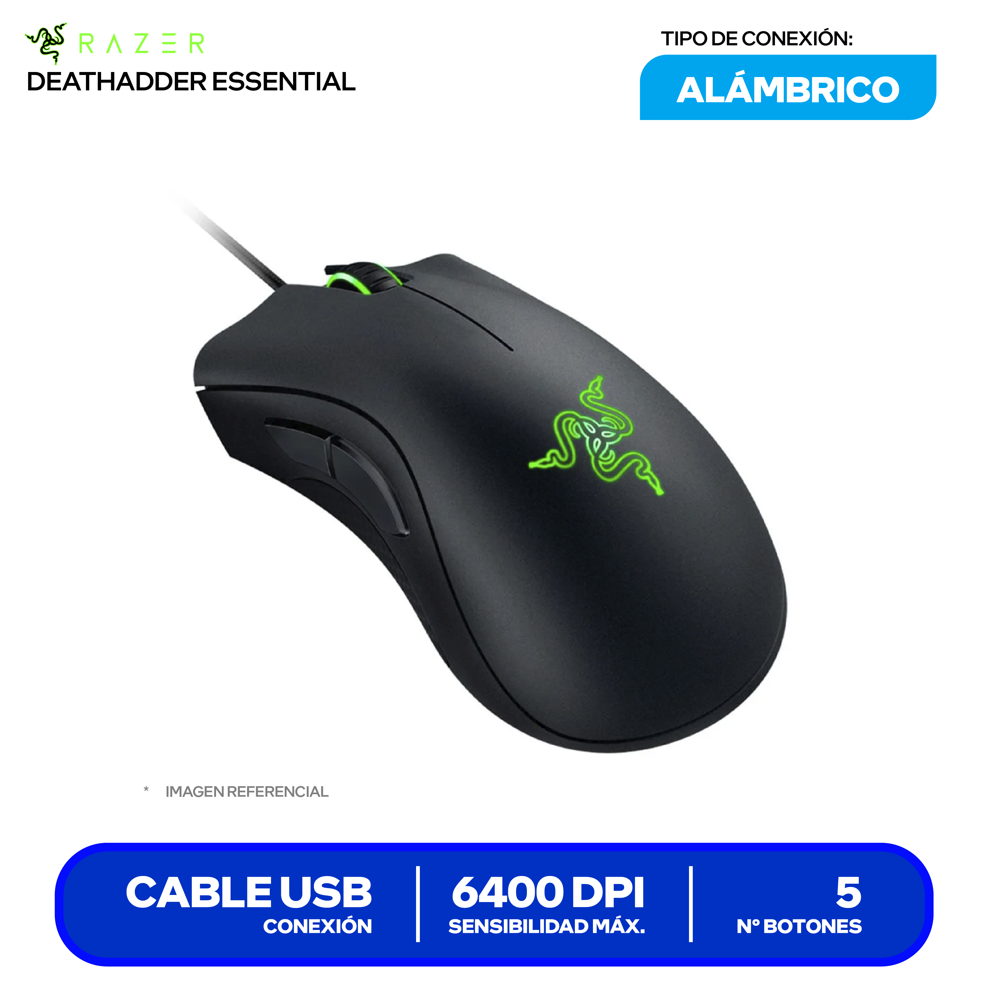 Mouse Gamer Ergonómico Razer DeathAdder Essential (RZ01-03850100-R3U1) Negro 6400 DPI