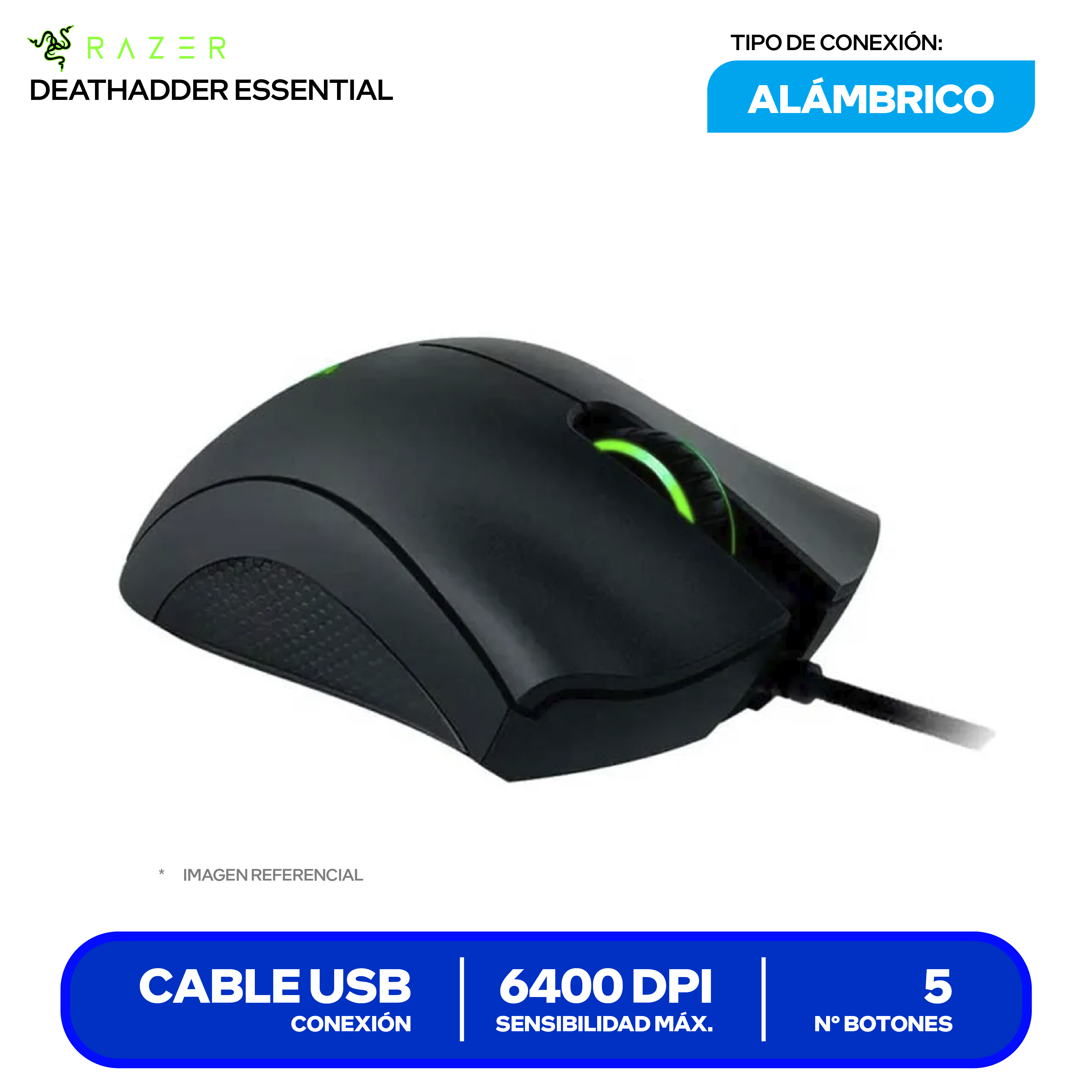 Mouse Gamer Ergonómico Razer DeathAdder Essential (RZ01-03850100-R3U1) Negro 6400 DPI
