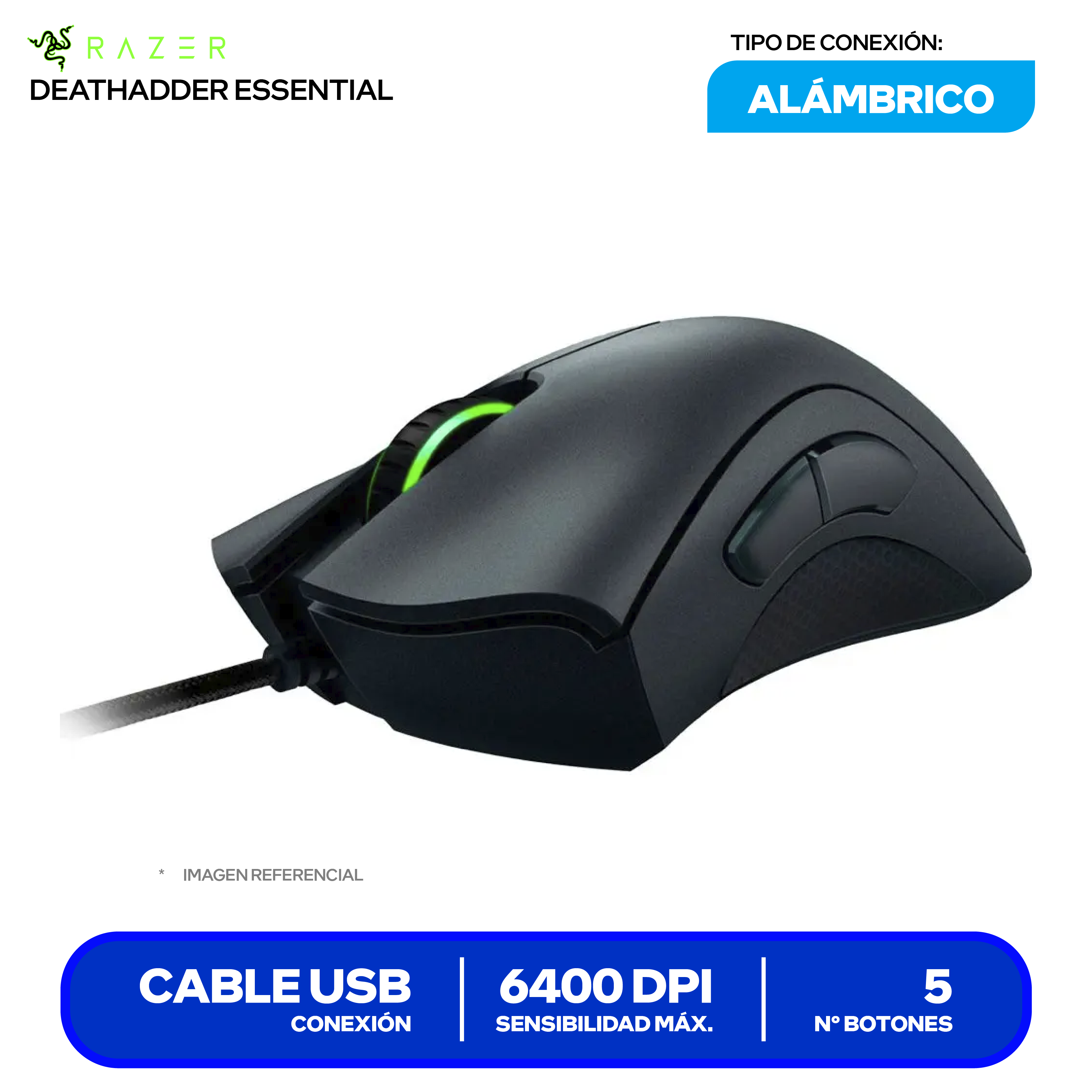 Mouse Gamer Ergonómico Razer DeathAdder Essential (RZ01-03850100-R3U1) Negro 6400 DPI