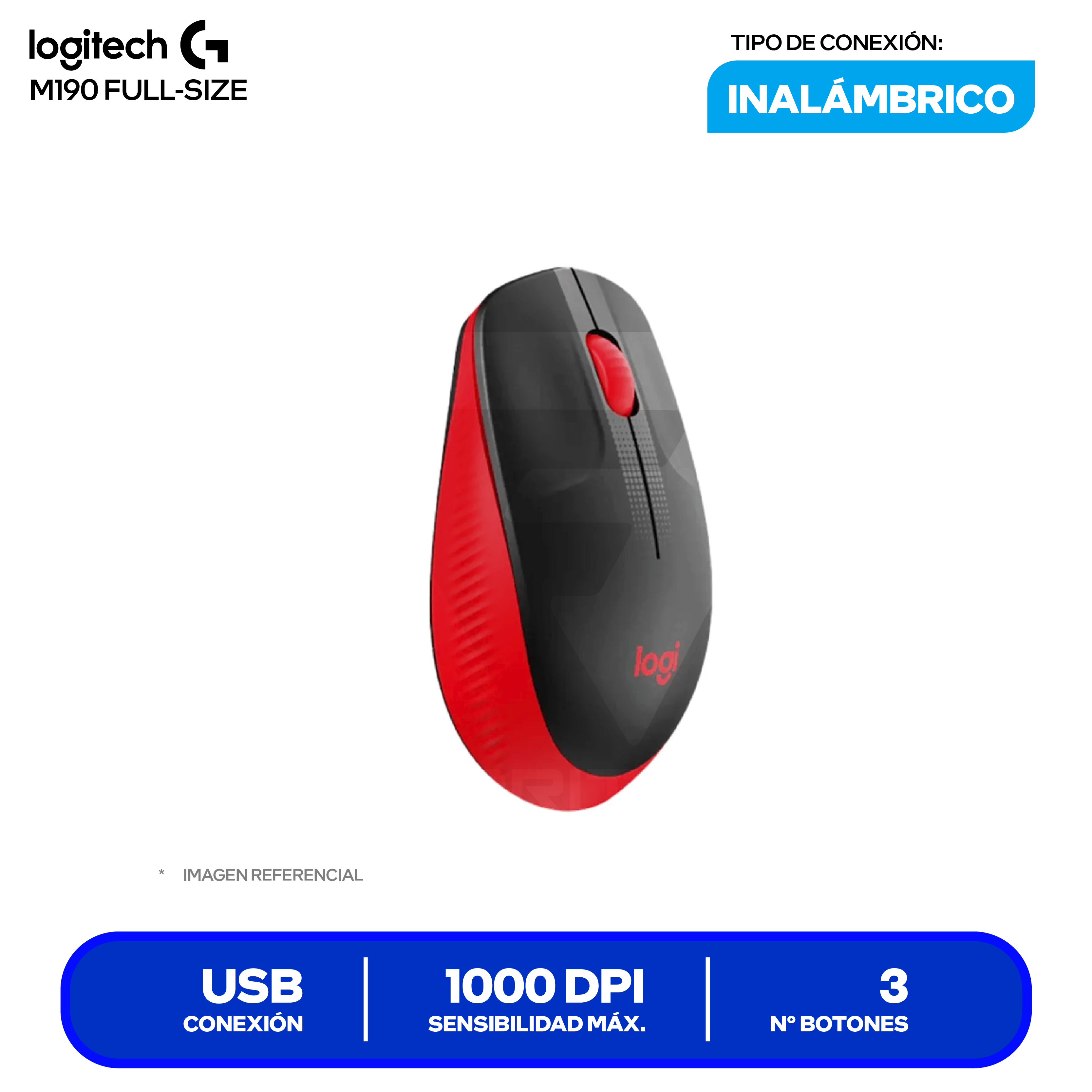Mouse Inalámbrico Logitech M190 (910-005904) Rojo 1000 DPI