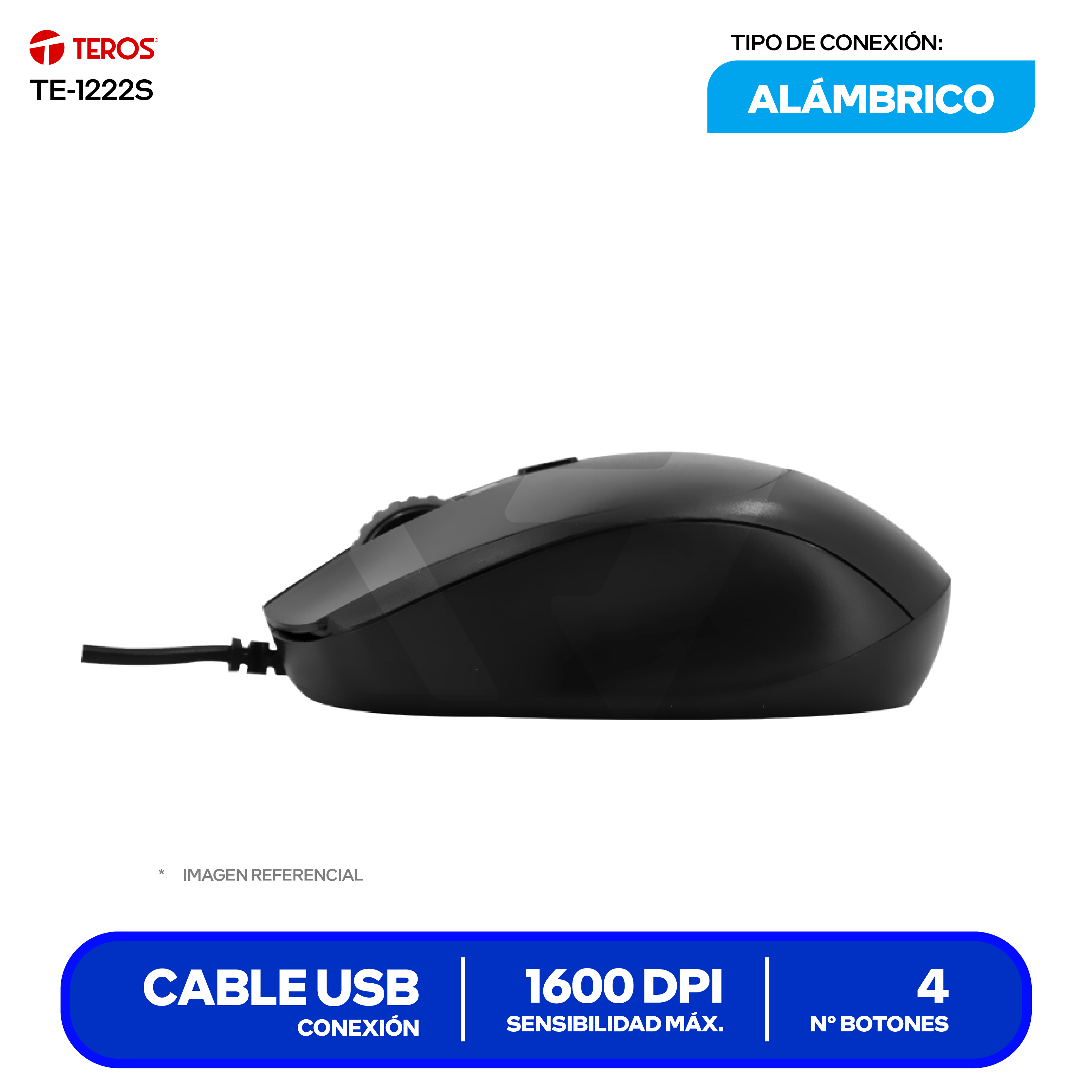 Mouse Óptico Alámbrico Teros (TE-1222S) Negro 1600 DPI