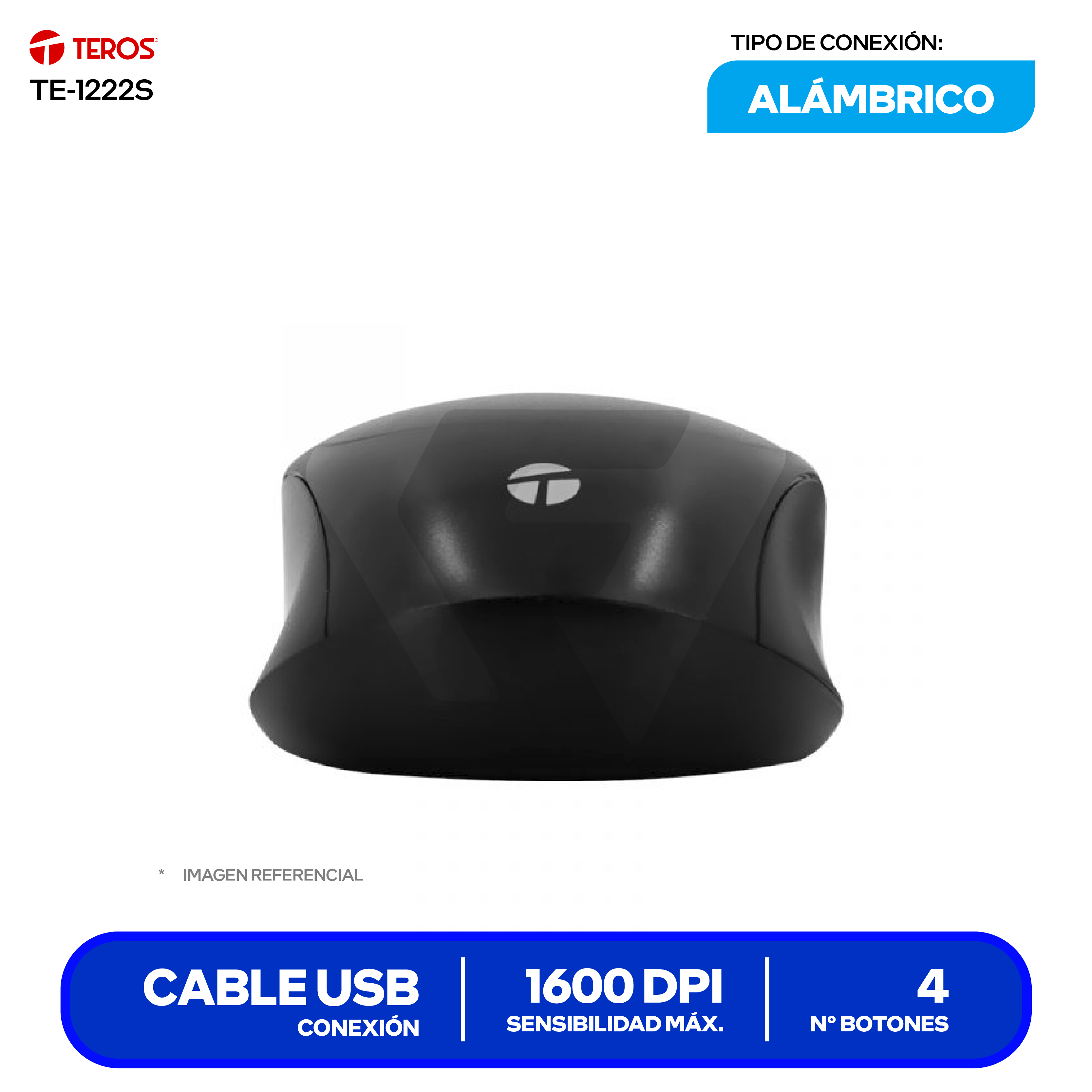 Mouse Óptico Alámbrico Teros (TE-1222S) Negro 1600 DPI