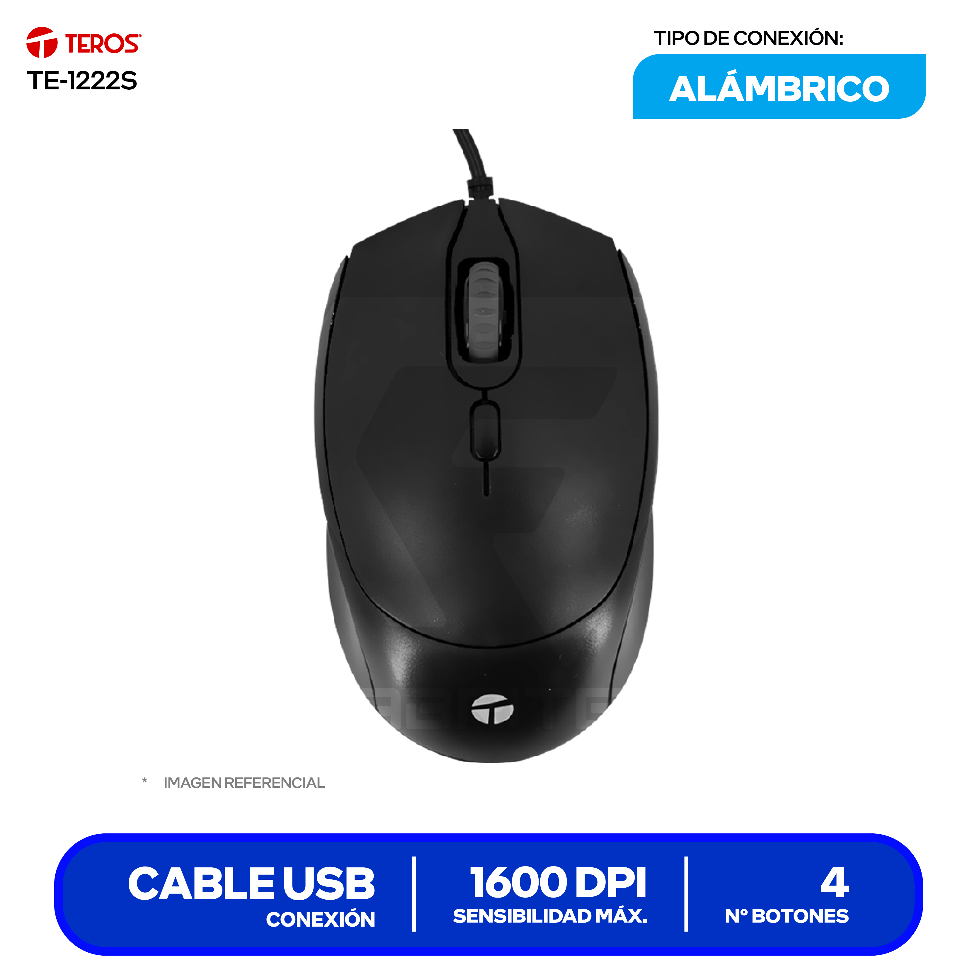 Mouse Óptico Alámbrico Teros (TE-1222S) Negro 1600 DPI