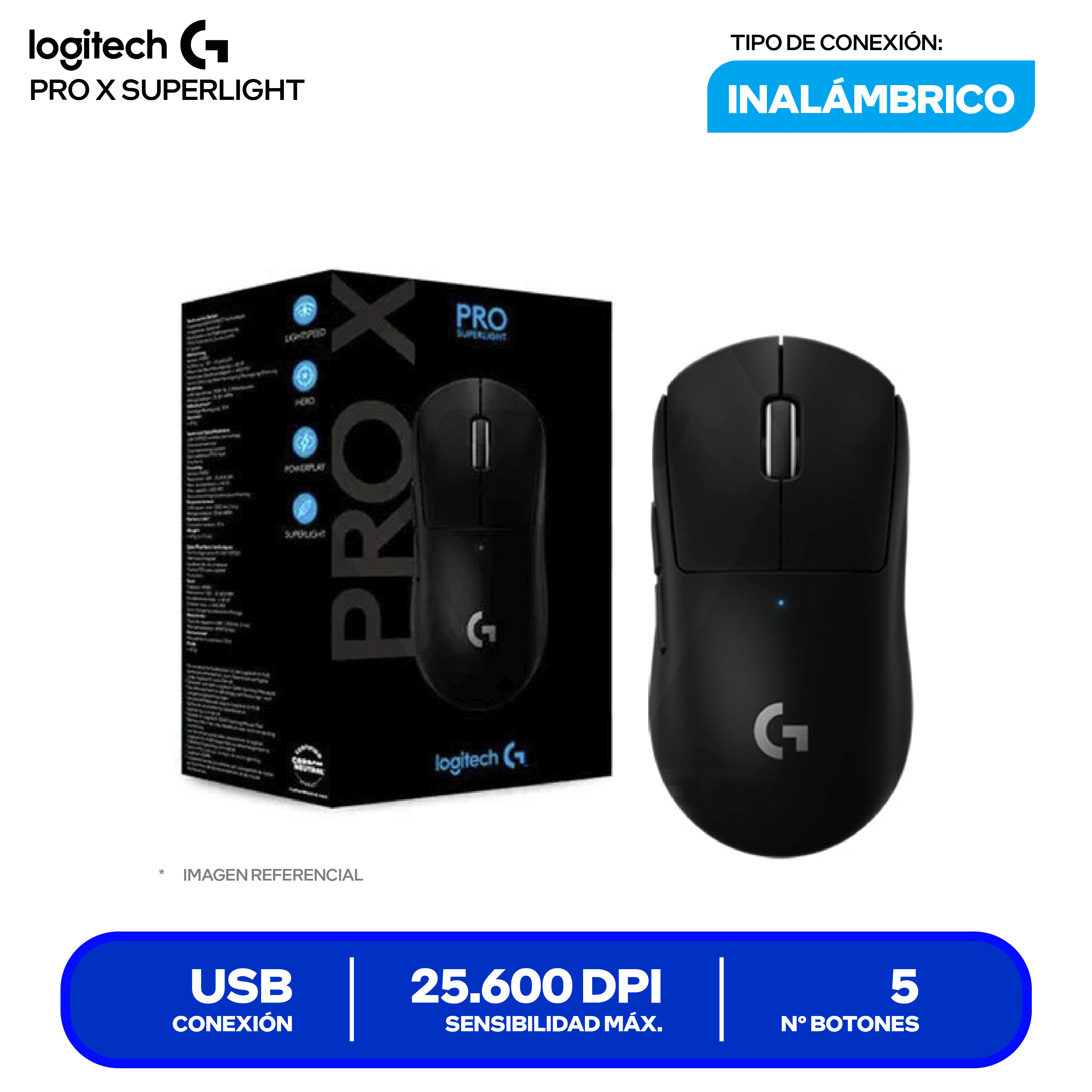 Mouse Gamer Inalámbrico Logitech G Pro X Superlight (910-005879) Negro 25.6K DPI