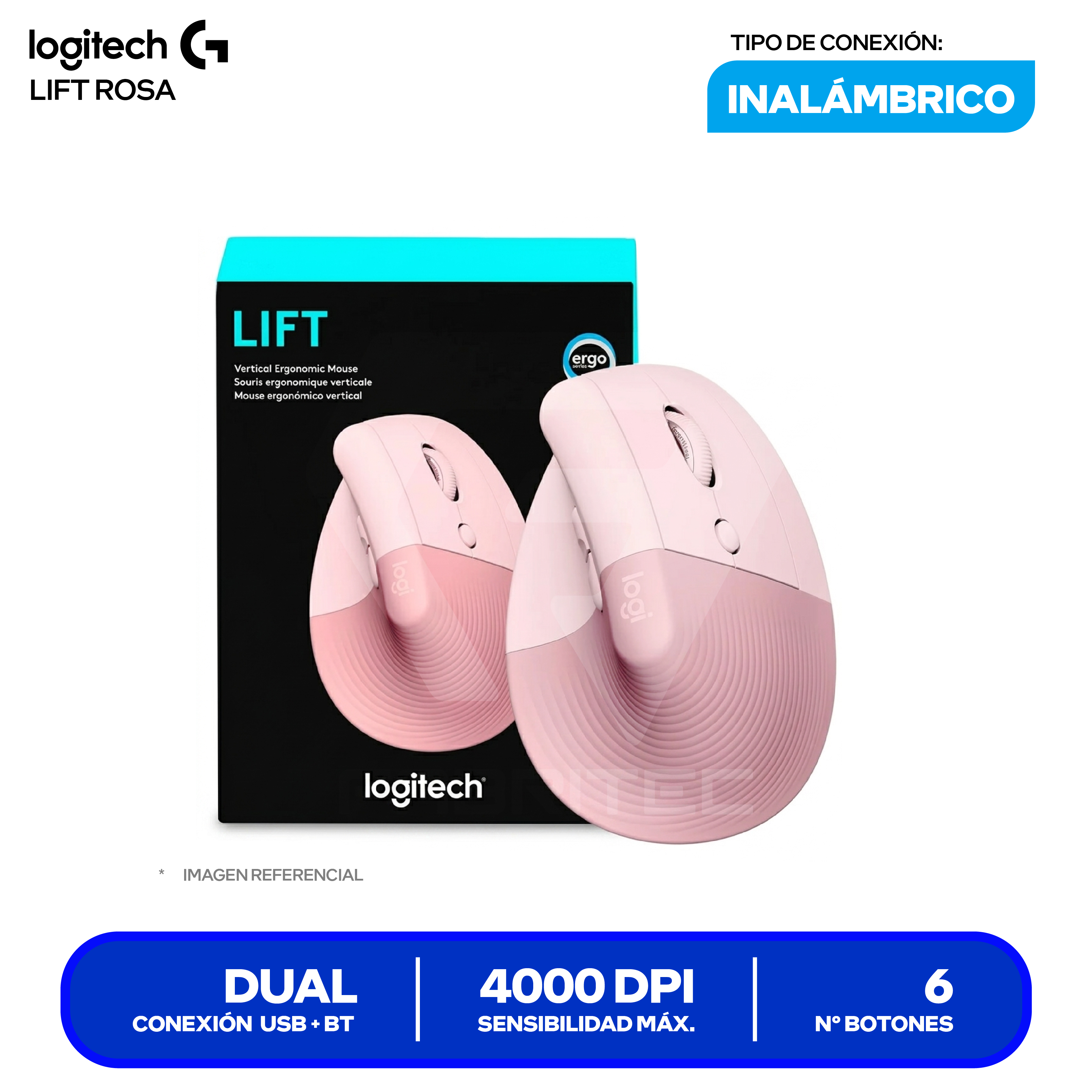 Mouse Vertical Ergonómico Logitech Lift ( 910-006472 ) Rosado 4000 DPI