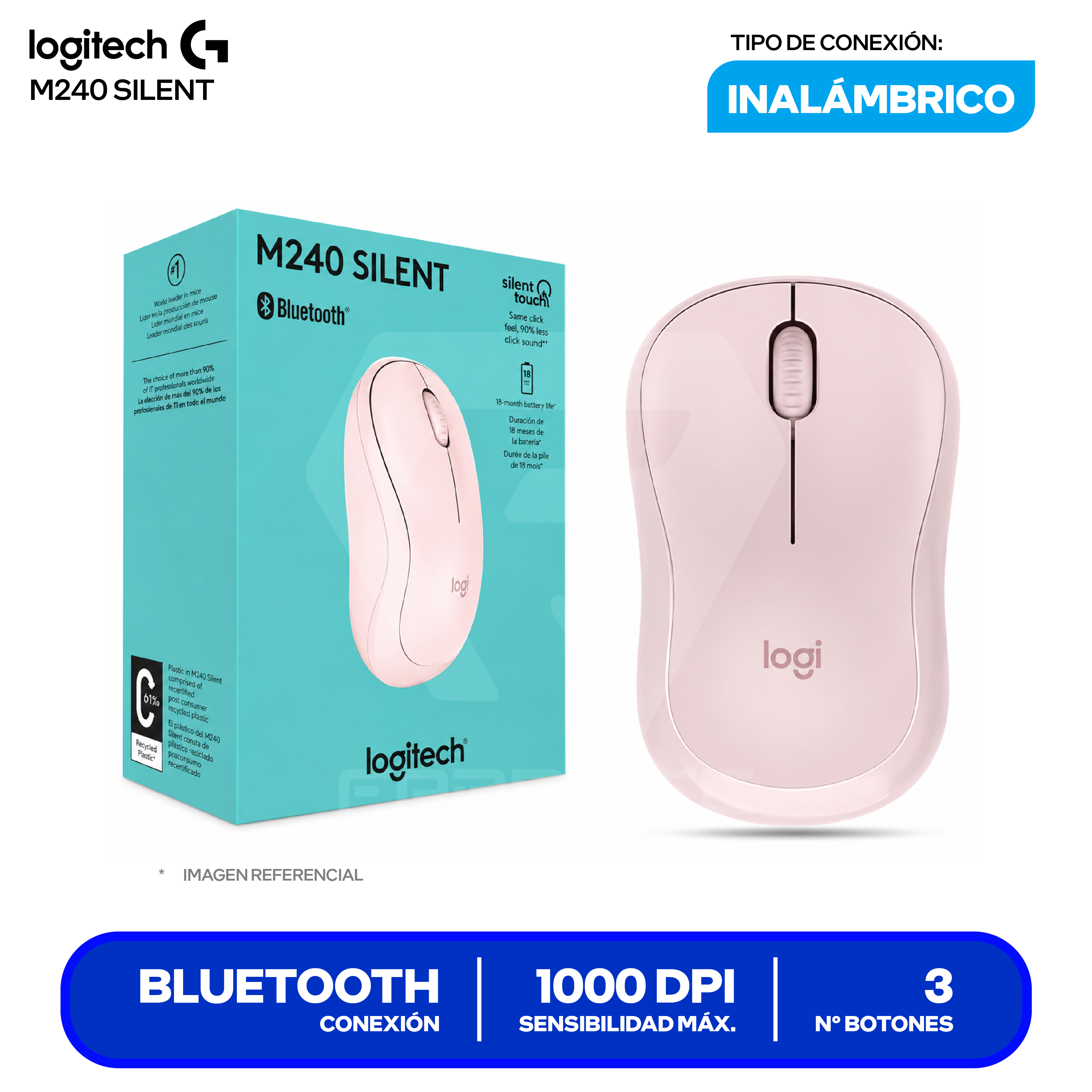Mouse Inalámbrico Logitech M240 Silent ( 910-007117 ) Rosado 1000 DPI