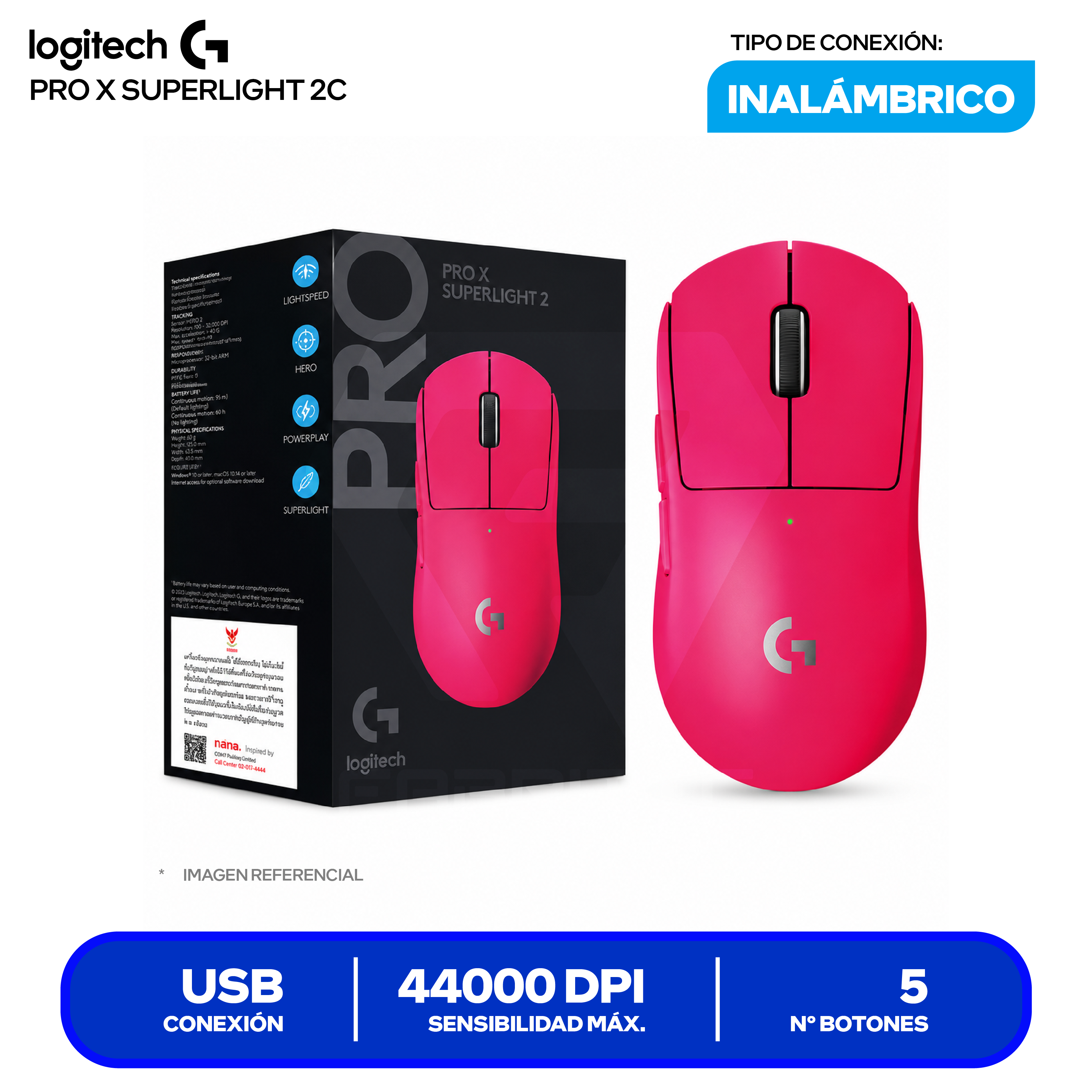 Mouse Gamer Inalámbrico Logitech PRO X SUPERLIGHT 2c ( 910-007544 ) Rosado 44.000 DPI