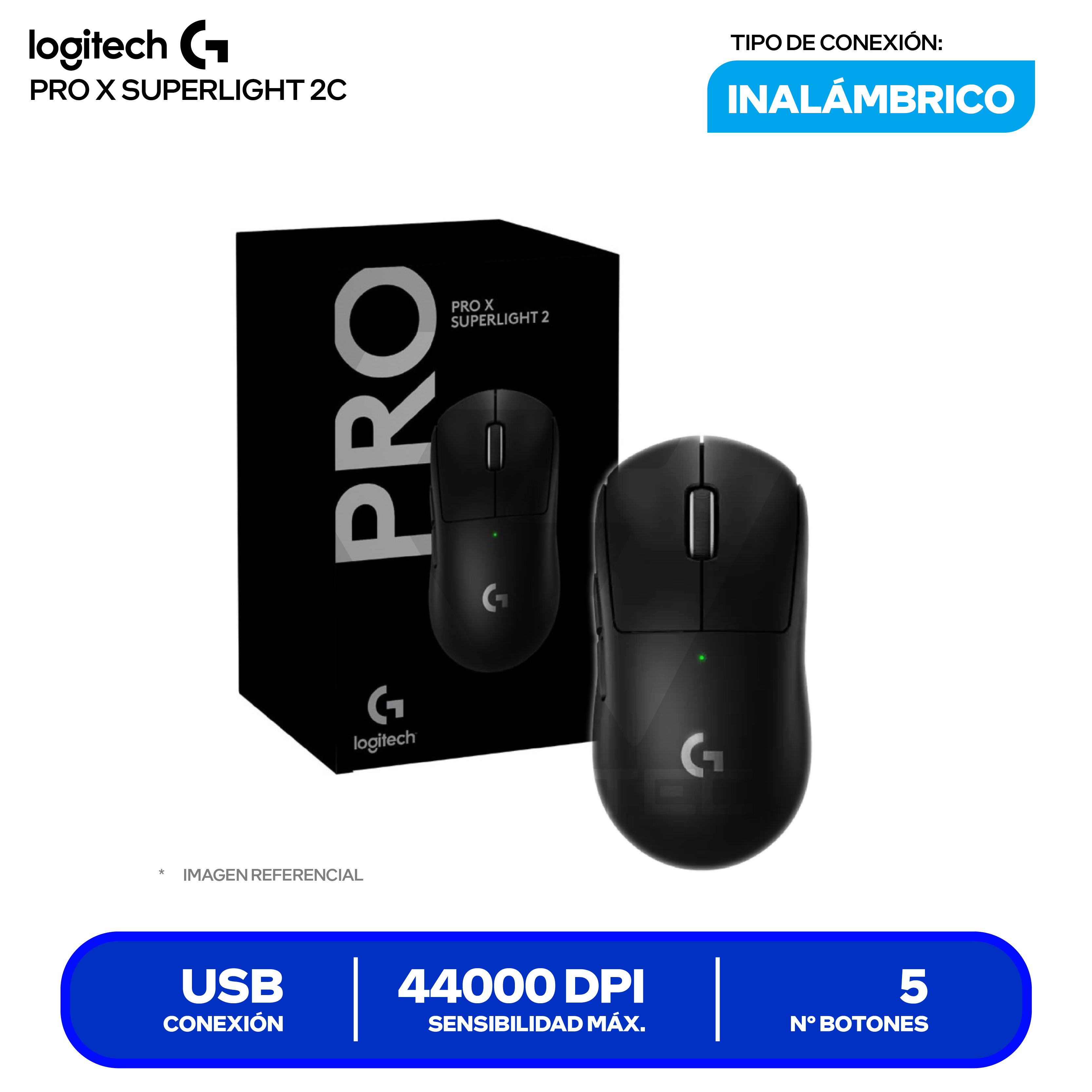 Mouse Gamer Inalámbrico Logitech PRO X SUPERLIGHT 2c ( 910-007530 ) Negro 44.000 DPI
