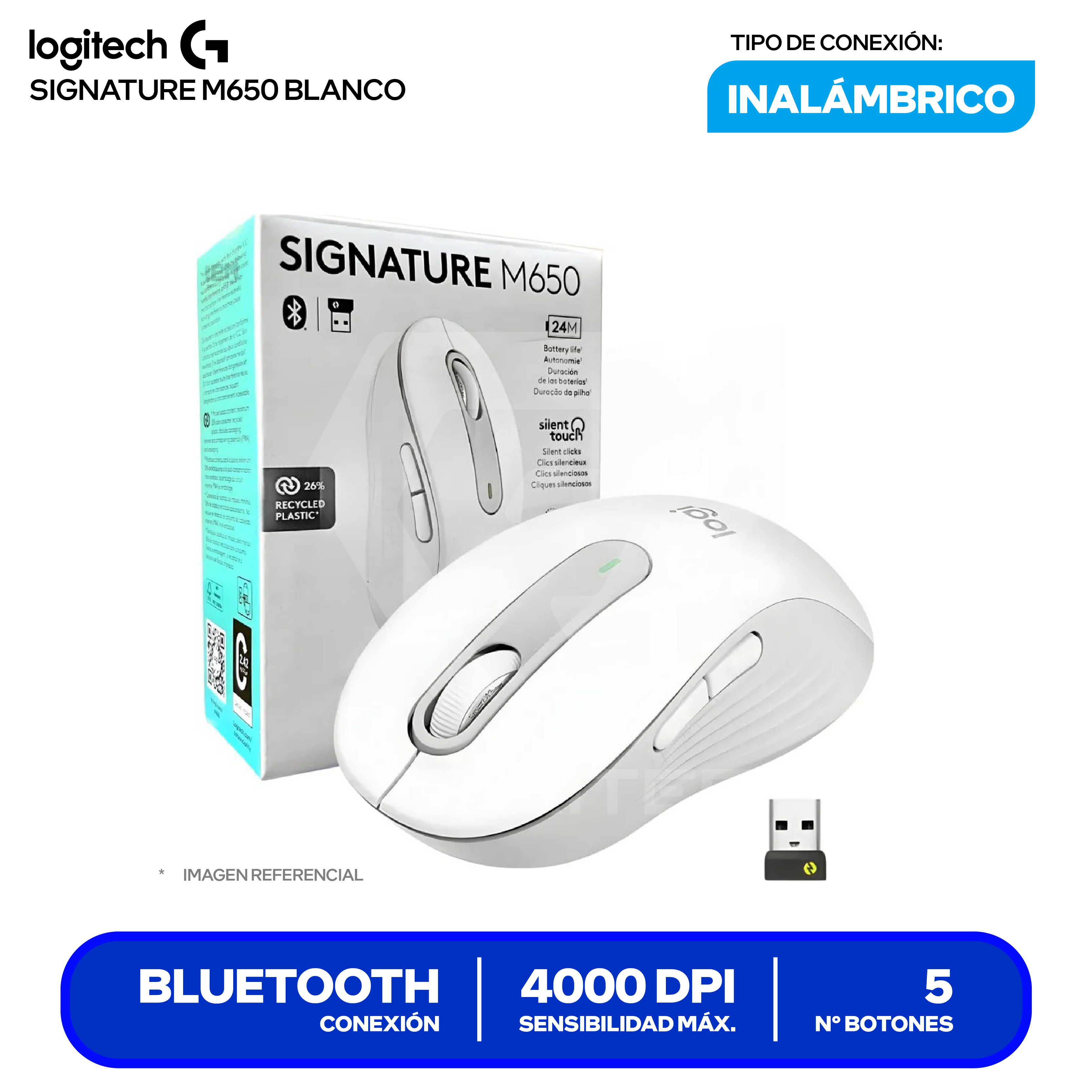 Mouse Bluetooth Logitech Signature M650 ( 910-006252 ) Blanco 4000 DPI