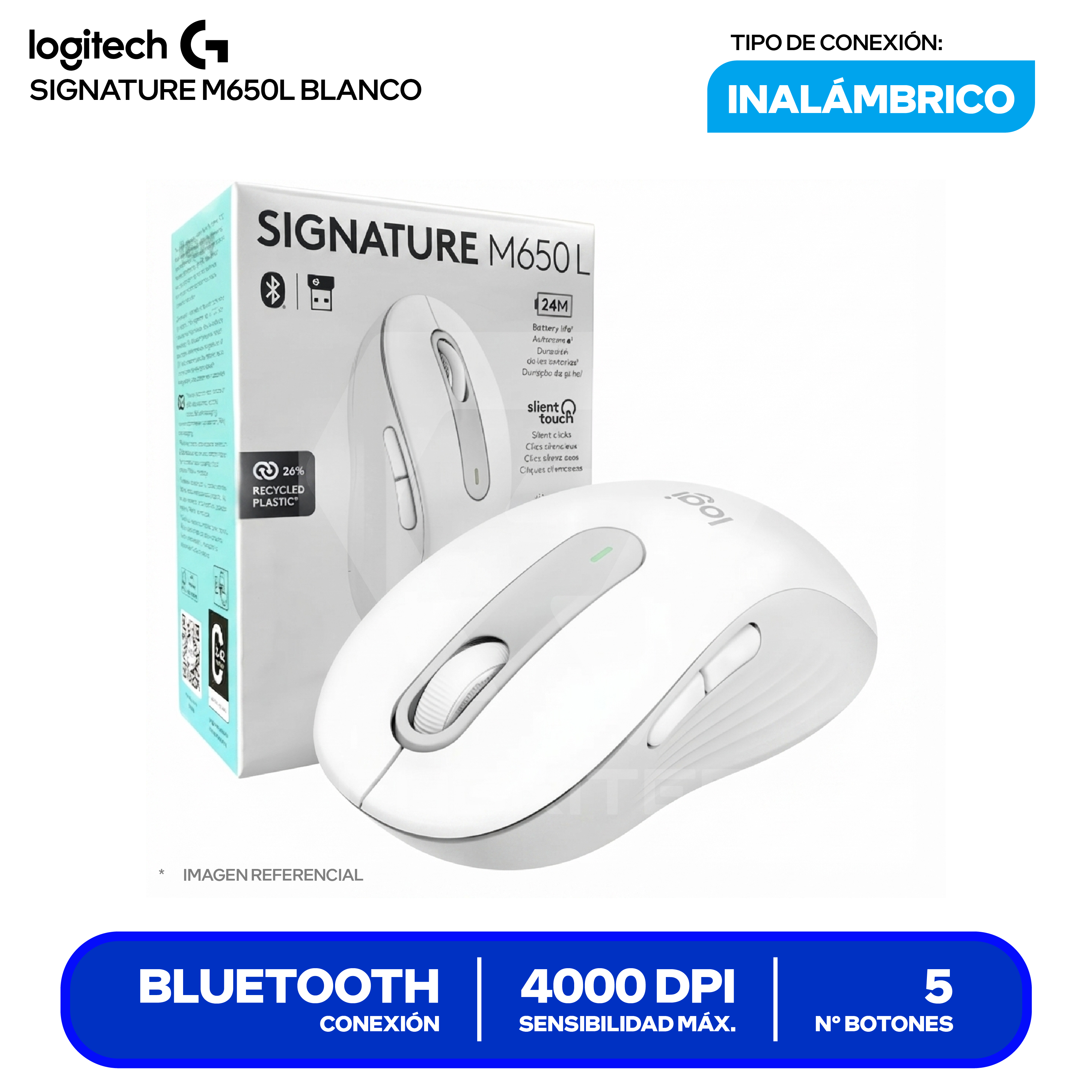Mouse Bluetooth Logitech Signature M650 L ( 910-006233 ) Blanco 4000 DPI