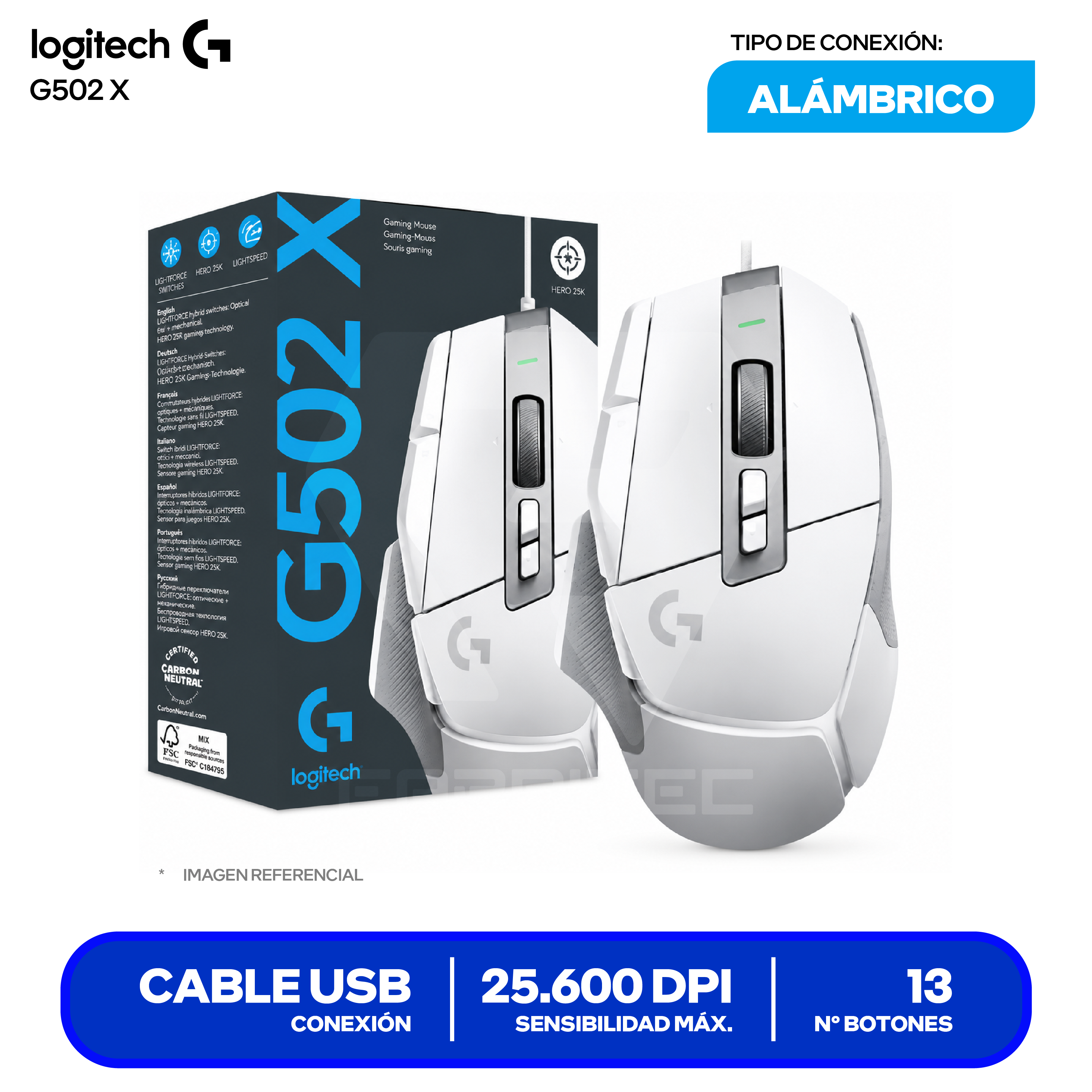 Mouse Gamer Logitech G502 X ( 910-006145 ) Blanco 25.600 DPI