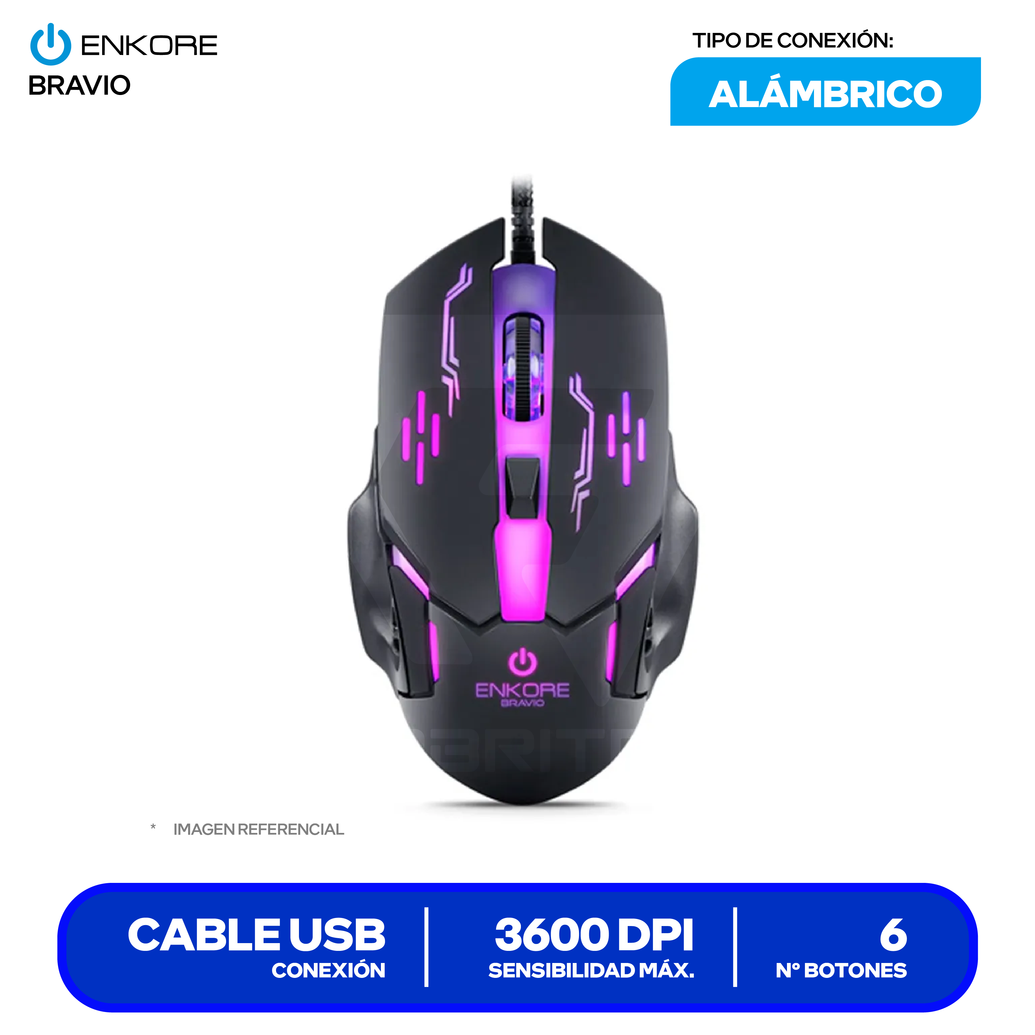 Mouse Gamer Enkore Bravio ( EKM 313 ) Negro 3600 DPI