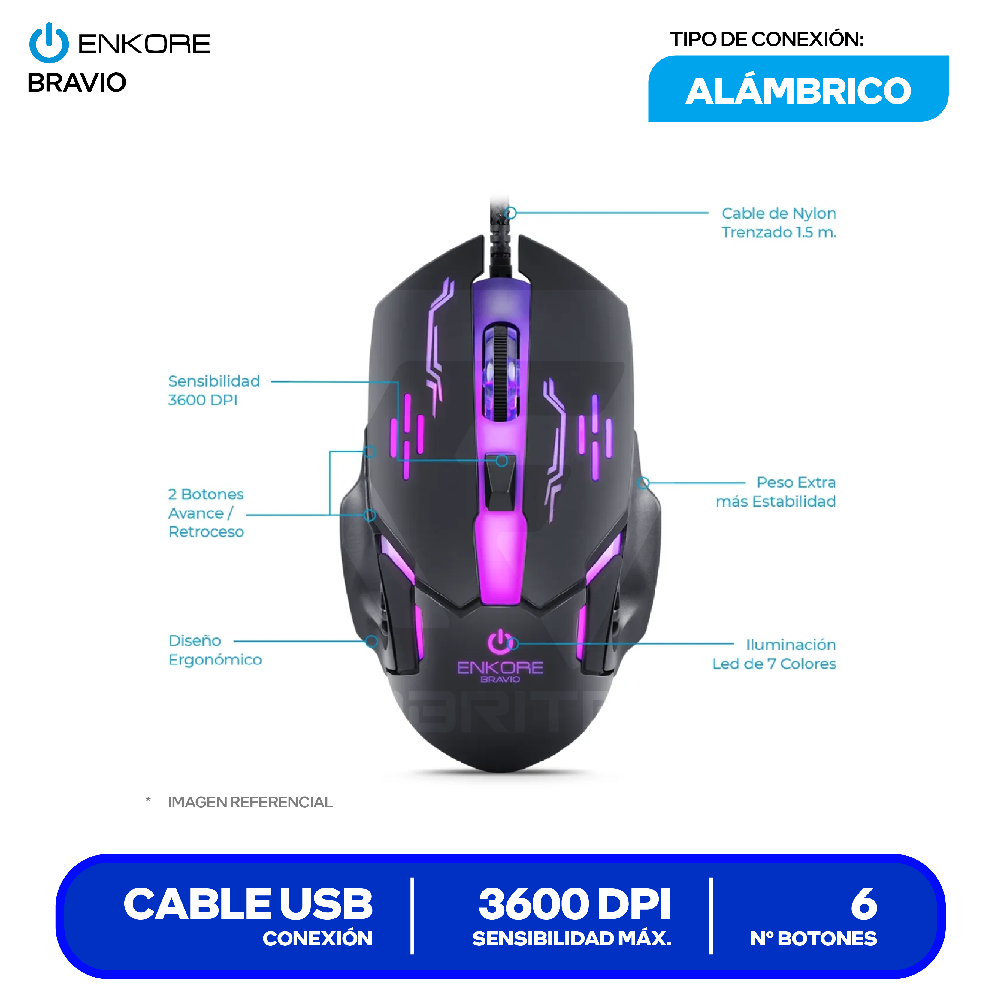 Mouse Gamer Enkore Bravio ( EKM 313 ) Negro 3600 DPI