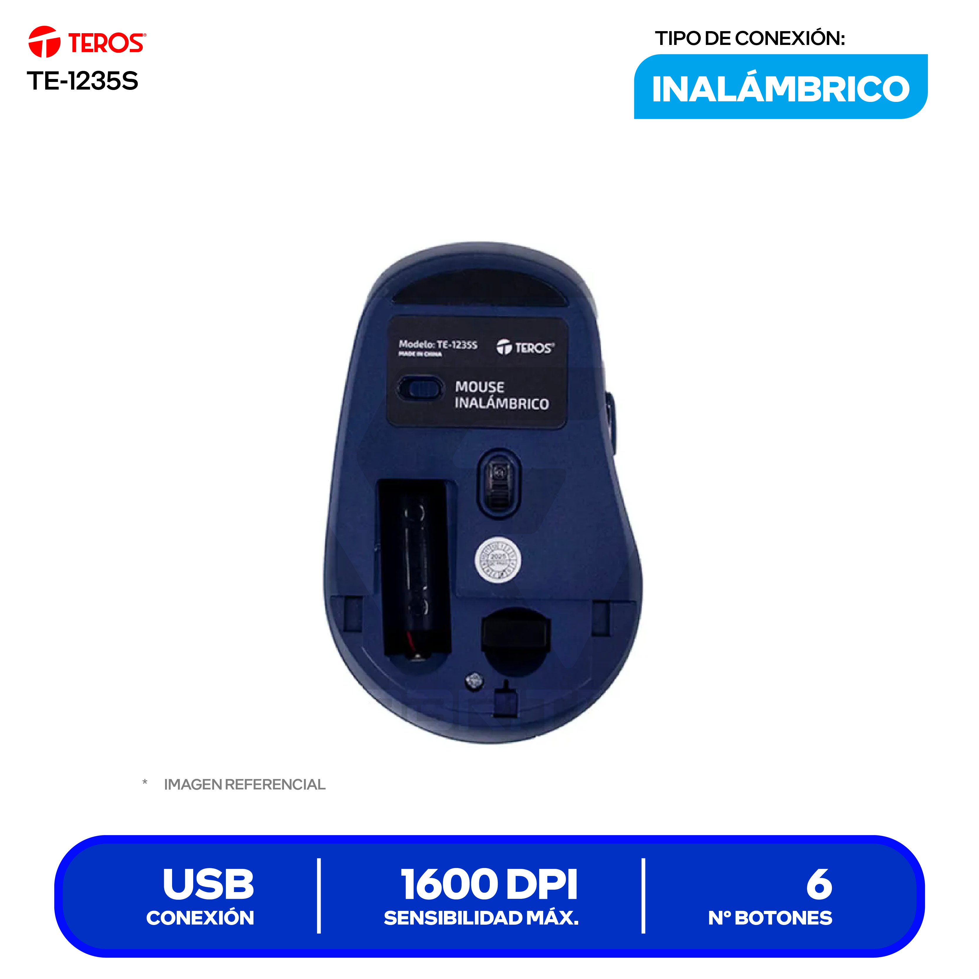 Mouse Inalámbrico Teros ( TE-1235S ) Azul 1600 DPI