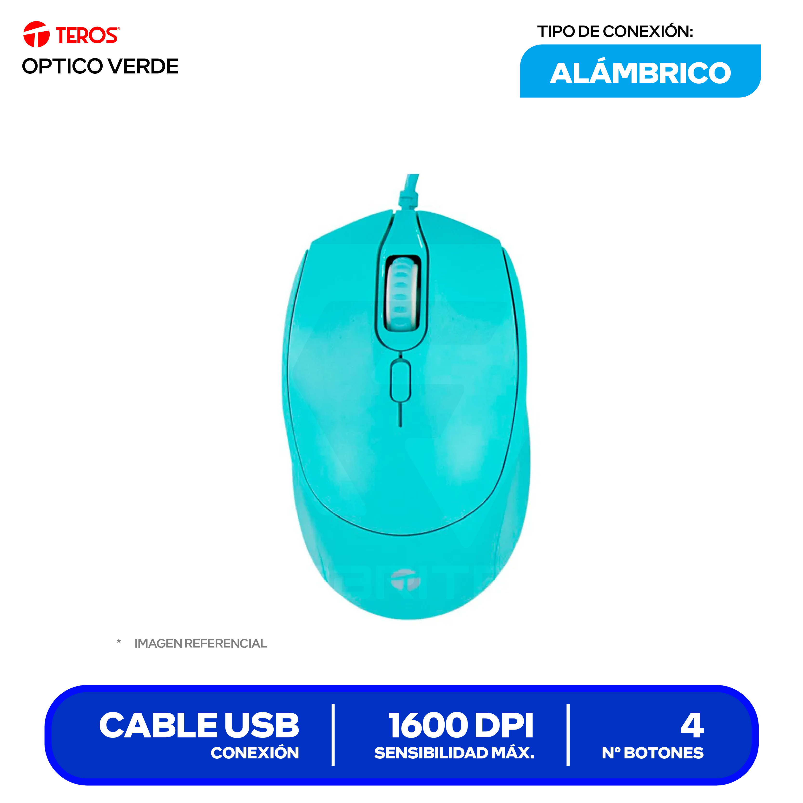 Mouse Alámbrico Teros ( TE-1227S ) Verde 1600 DPI