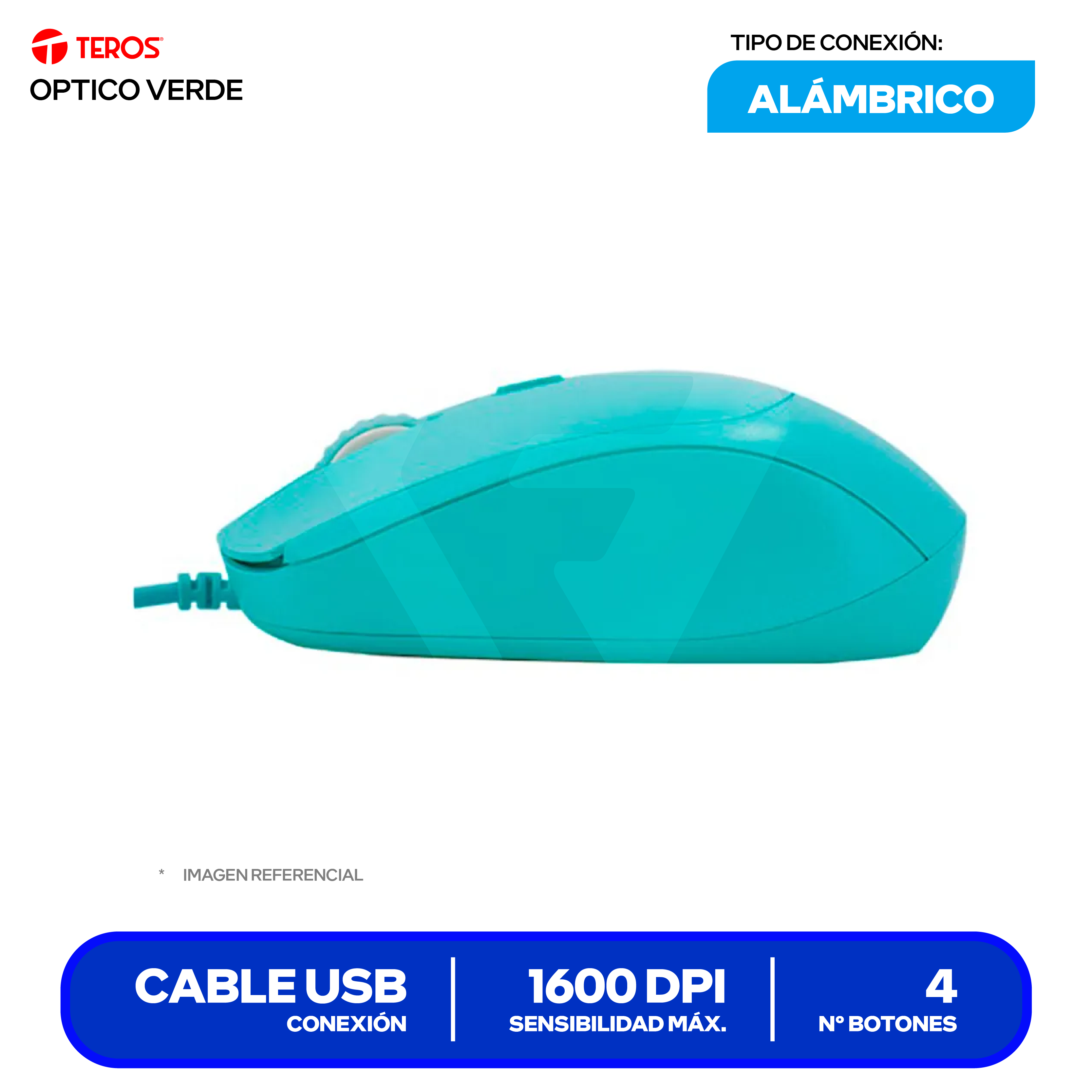 Mouse Alámbrico Teros ( TE-1227S ) Verde 1600 DPI