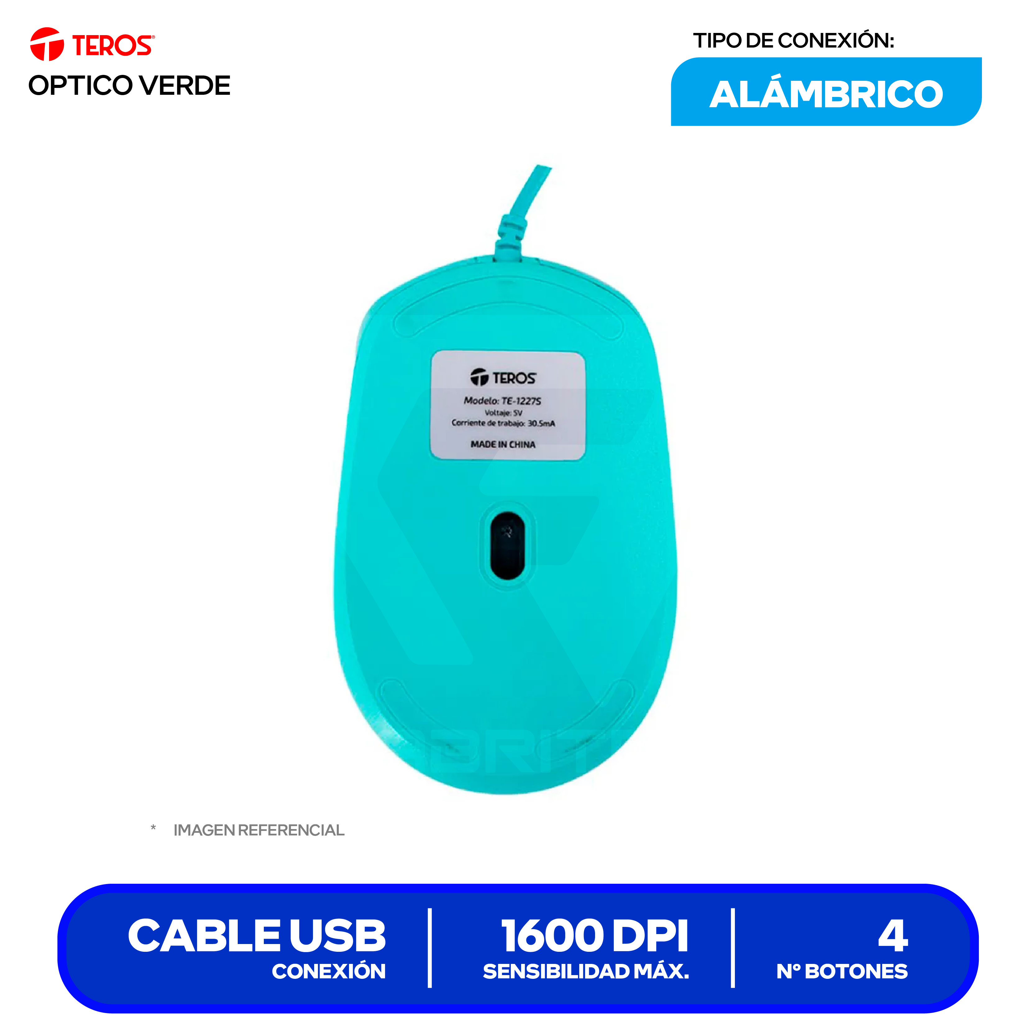 Mouse Alámbrico Teros ( TE-1227S ) Verde 1600 DPI