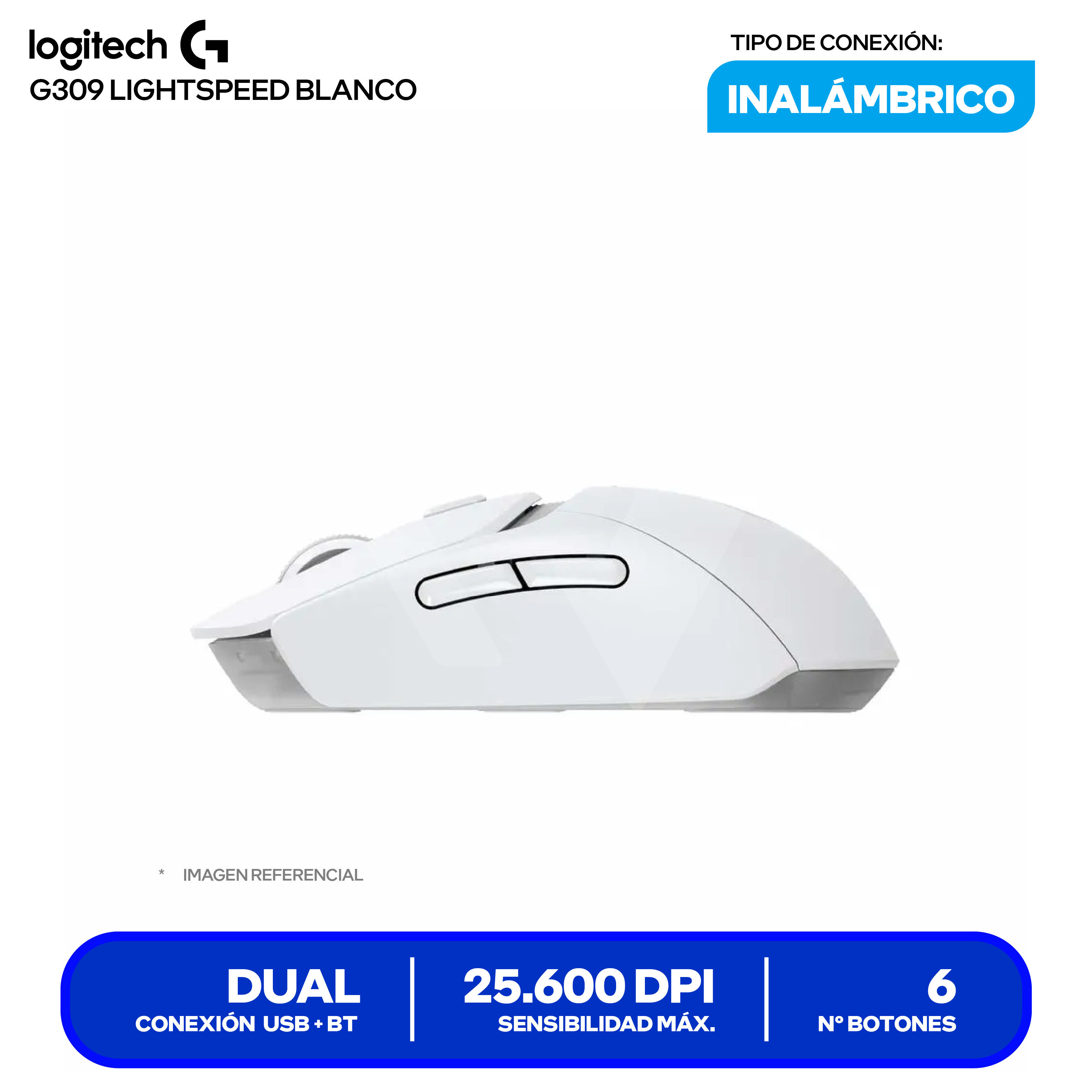 Mouse Gamer Inalámbrico Logitech G309 ( 910-007205 ) Blanco 25.600 DPI