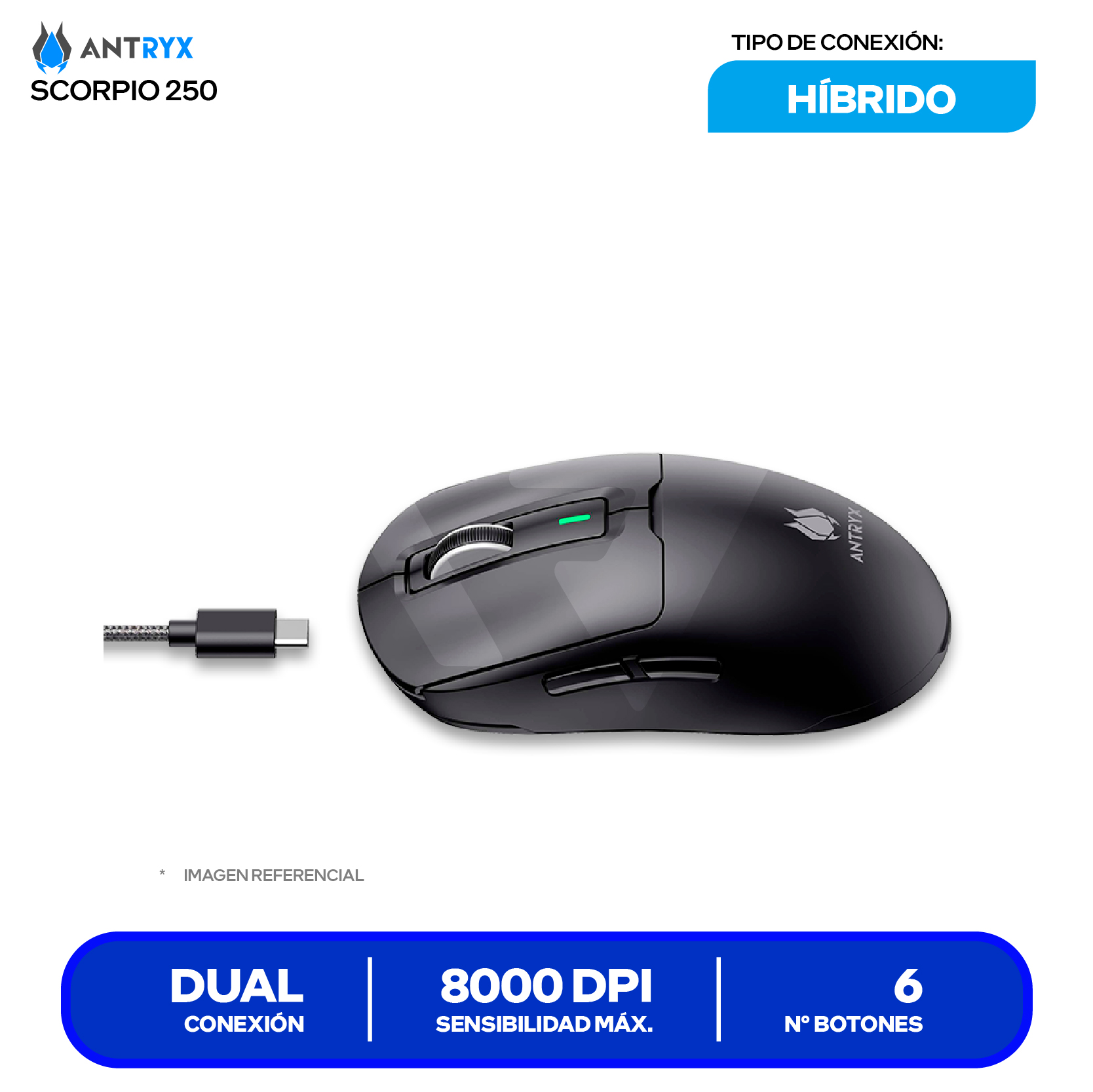 Mouse Gamer Inalámbrico Antryx Scorpio 250 ( AWGM-5250K ) Negro 8000 DPI