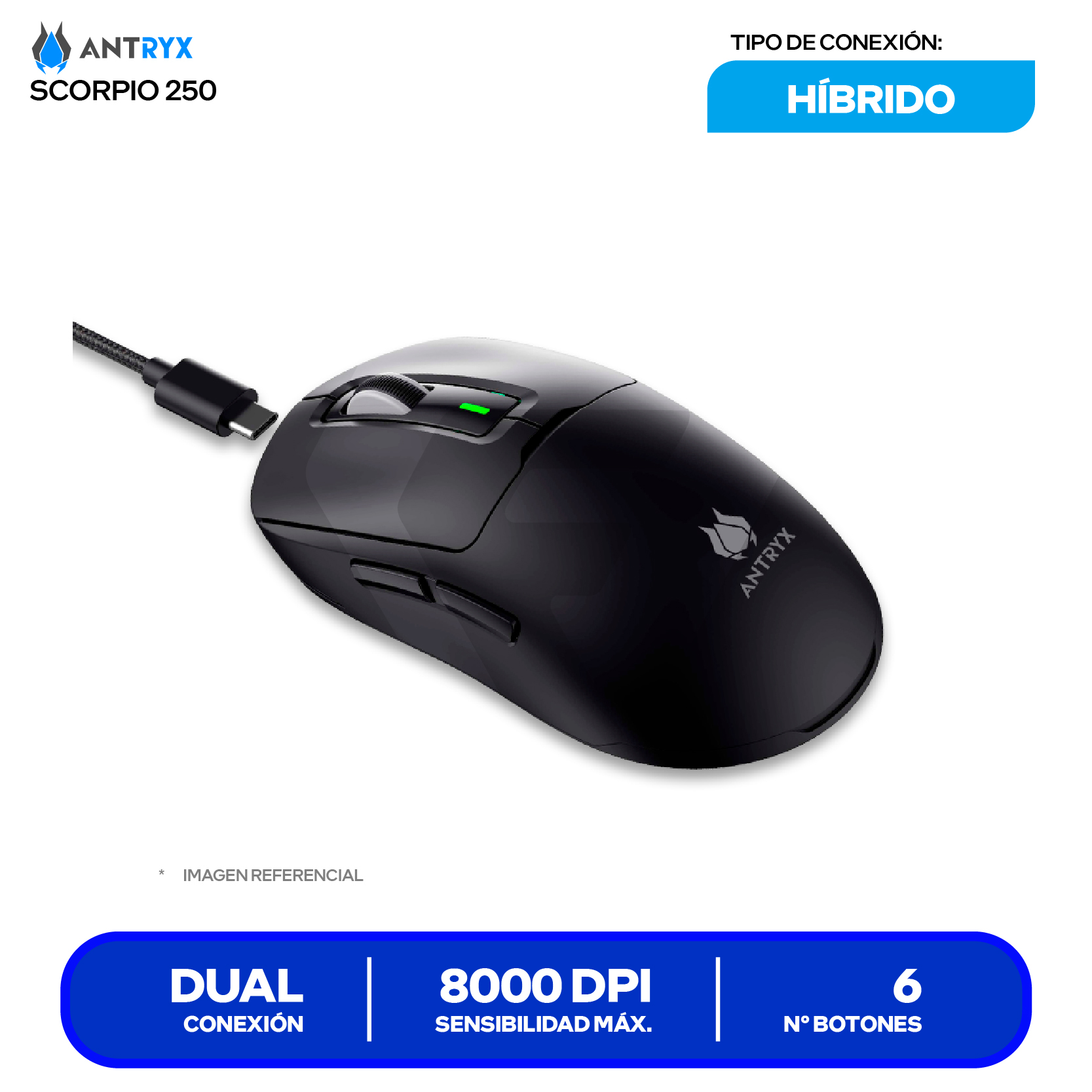 Mouse Gamer Inalámbrico Antryx Scorpio 250 ( AWGM-5250K ) Negro 8000 DPI