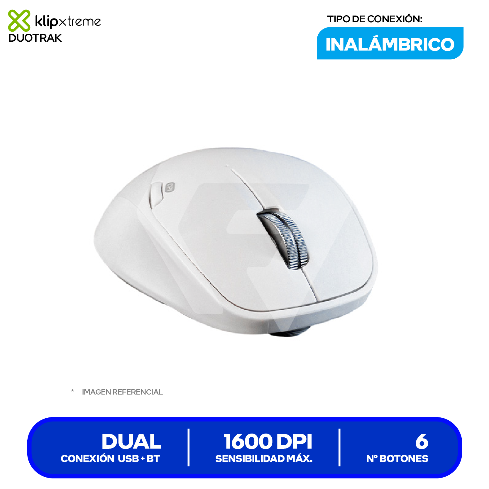 Mouse Inalámbrico Klip Xtreme Duotrak ( KMB-501WH ) Blanco 1600 DPI