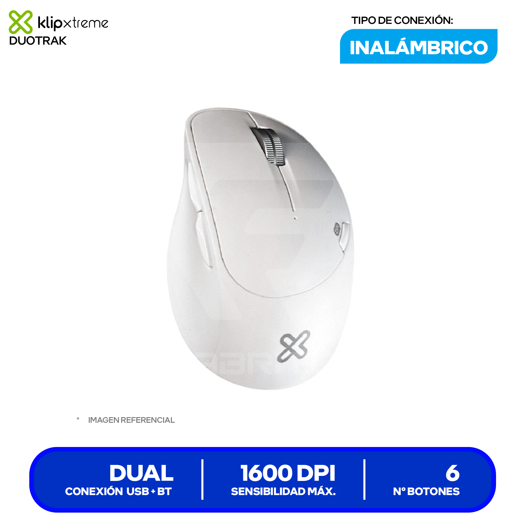 Mouse Inalámbrico Klip Xtreme Duotrak ( KMB-501WH ) Blanco 1600 DPI