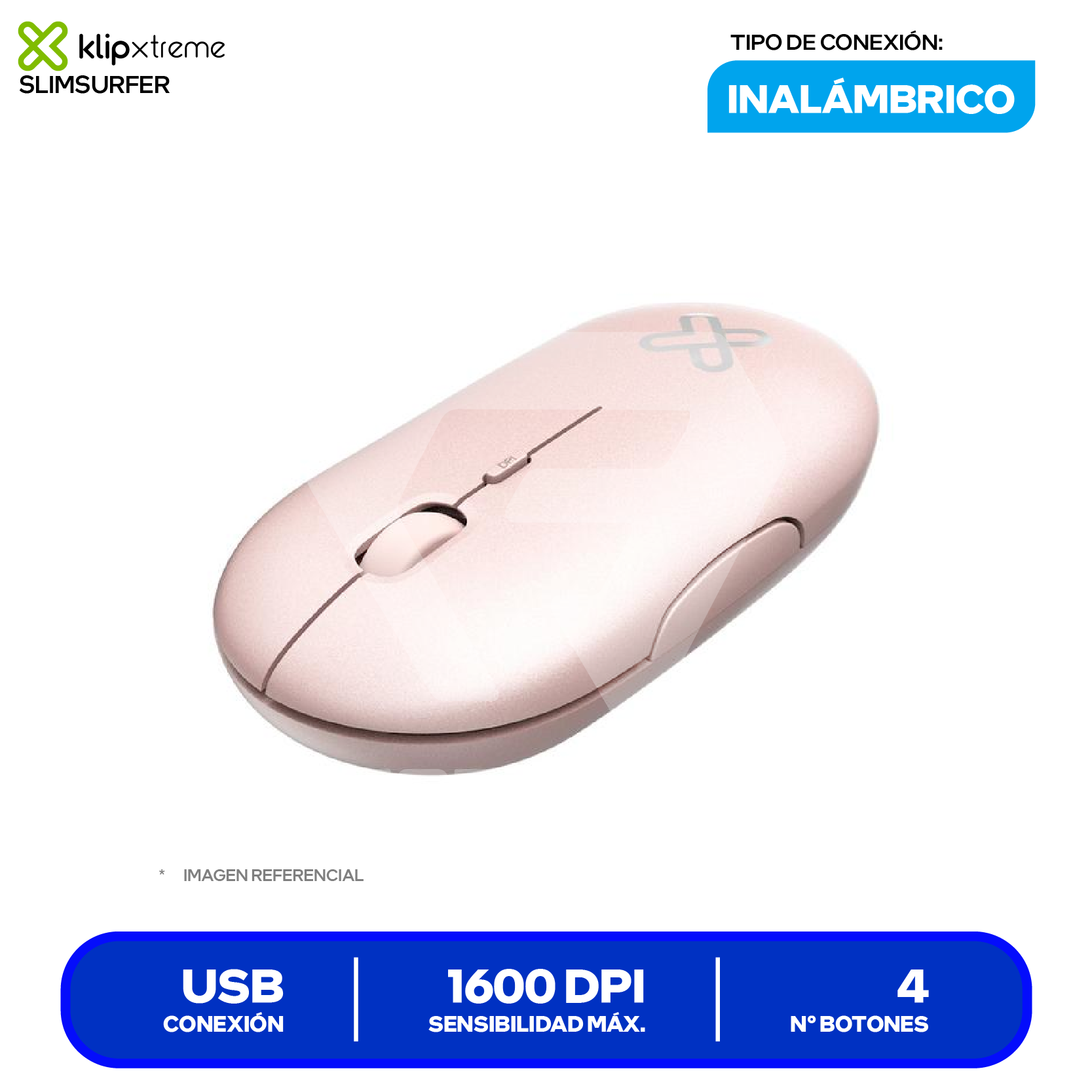 Mouse Inalámbrico Klip Xtreme SlimSurfer ( KMW-415PK ) Rosa 1600 DPI
