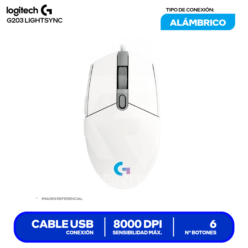 Mouse Alámbrico Logitech G203 Lightsync ( 910-005791 ) Blanco 8000 DPI