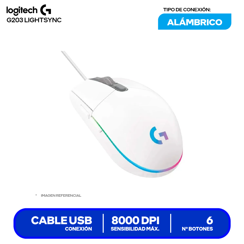 Mouse Alámbrico Logitech G203 Lightsync ( 910-005791 ) Blanco 8000 DPI