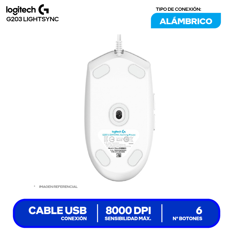 Mouse Alámbrico Logitech G203 Lightsync ( 910-005791 ) Blanco 8000 DPI