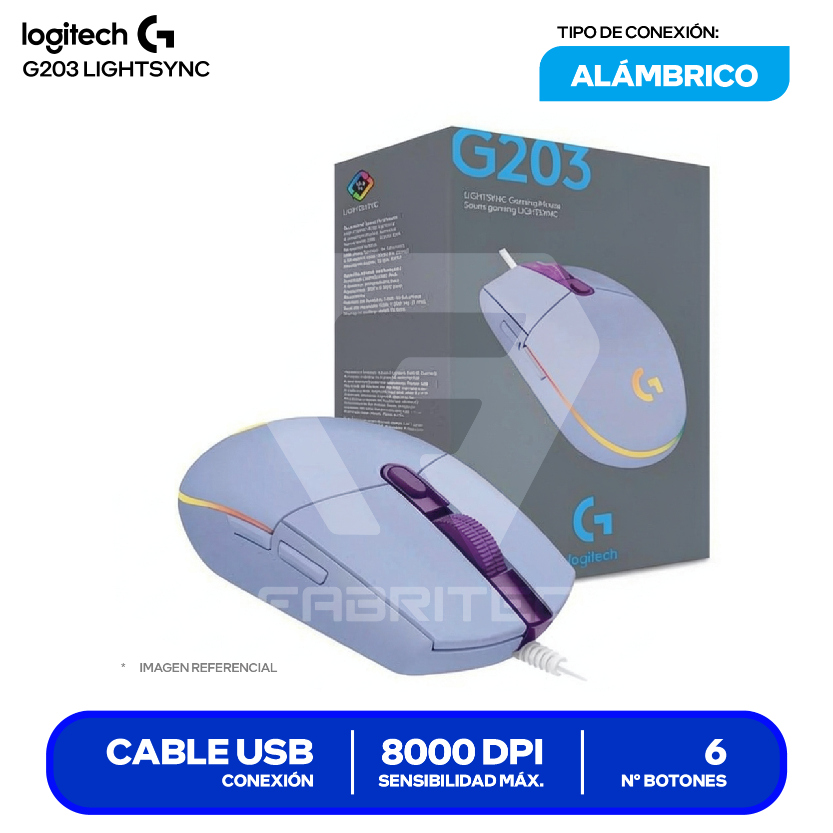 Mouse Alámbrico Logitech G203 Lightsync ( 910-005851 ) Lila 8000 DPI