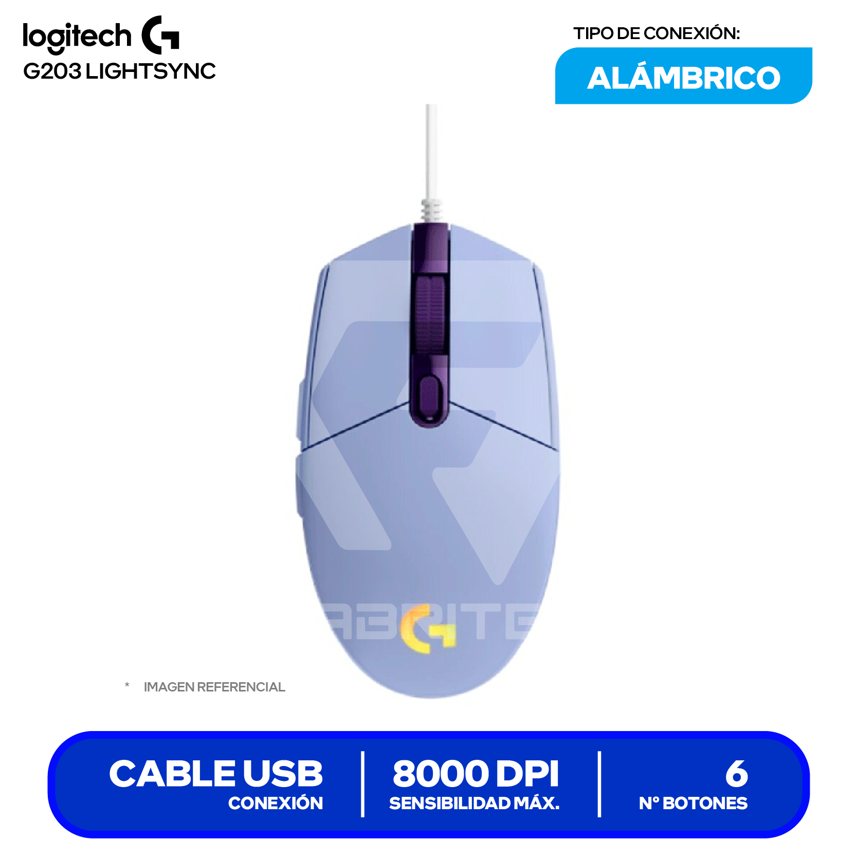 Mouse Alámbrico Logitech G203 Lightsync ( 910-005851 ) Lila 8000 DPI
