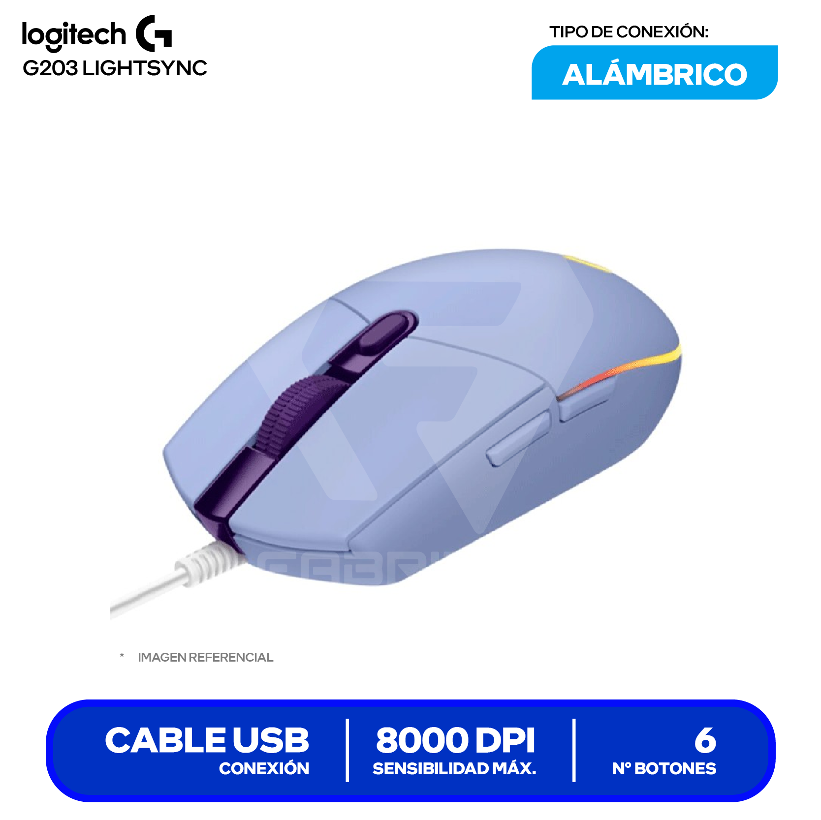Mouse Alámbrico Logitech G203 Lightsync ( 910-005851 ) Lila 8000 DPI