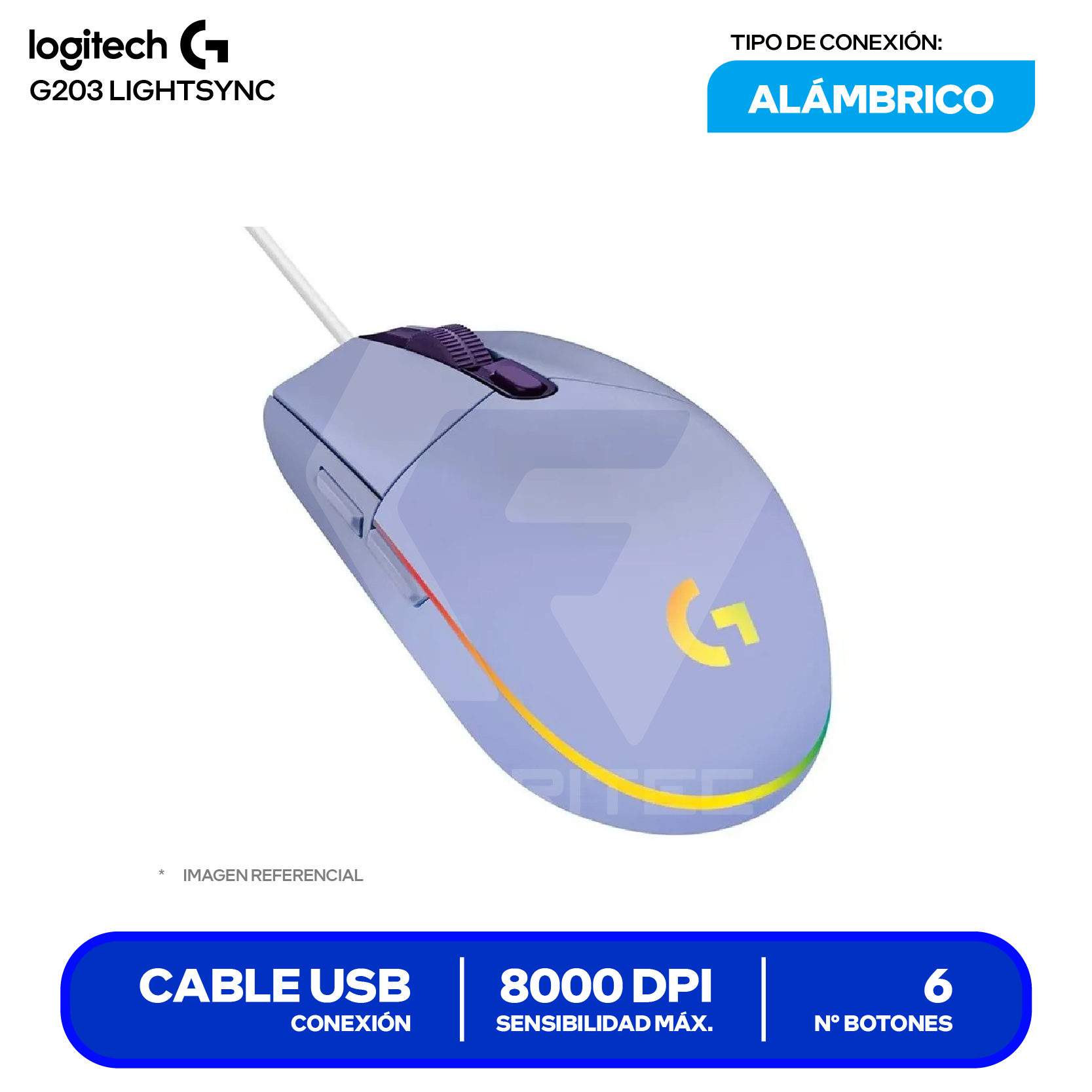 Mouse Alámbrico Logitech G203 Lightsync ( 910-005851 ) Lila 8000 DPI