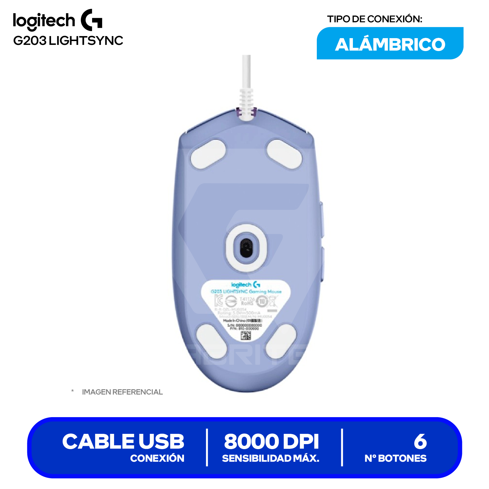 Mouse Alámbrico Logitech G203 Lightsync ( 910-005851 ) Lila 8000 DPI