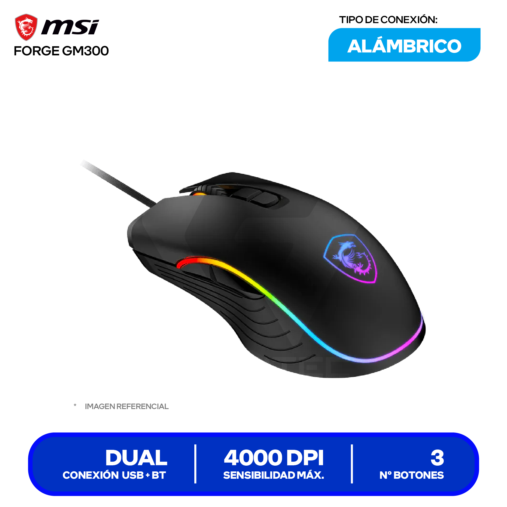 Mouse Gamer MSI Forge GM300 ( FORGE GM300 ) Negro 7200 DPI