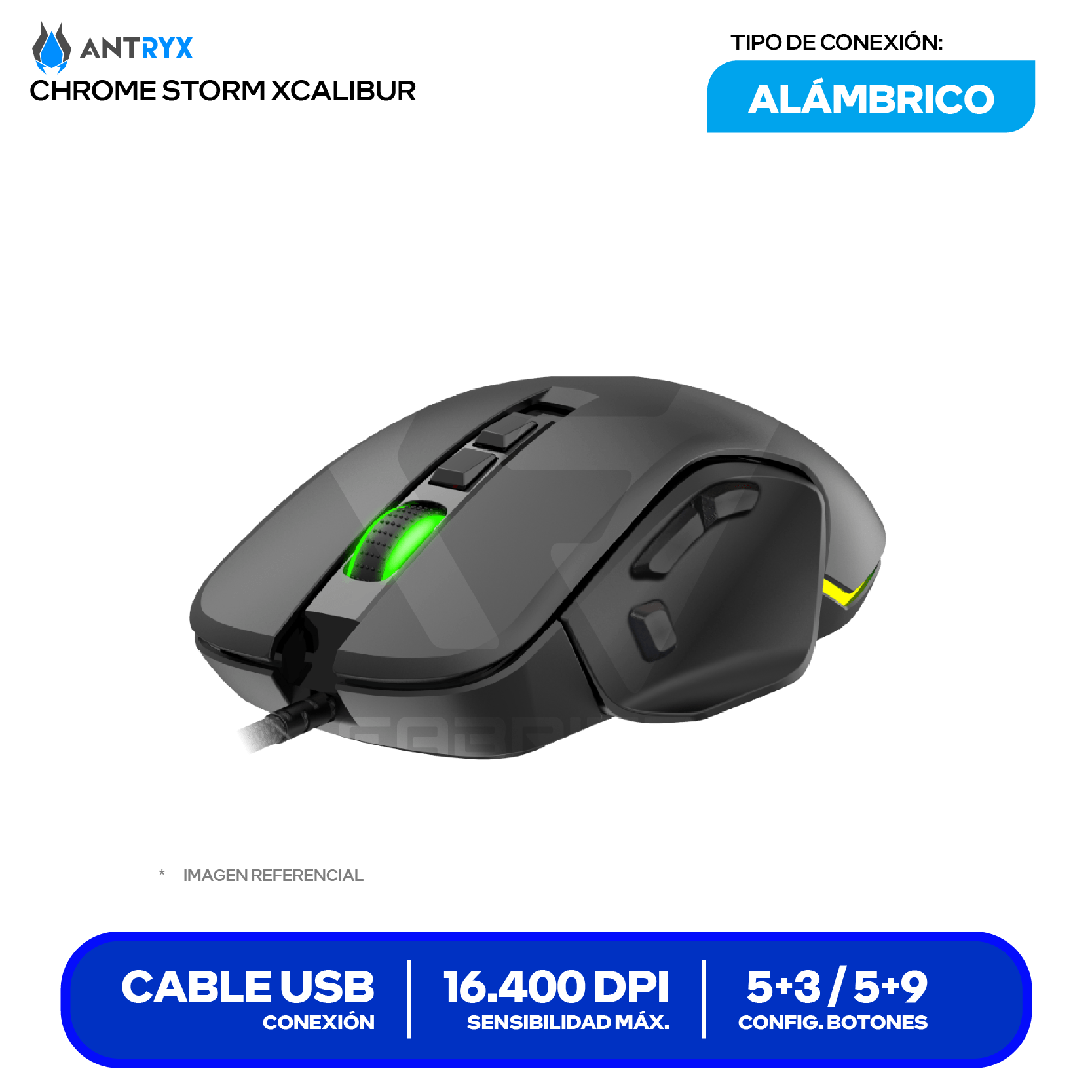 Mouse Gamer Antryx Chrome Storm Xcalibur (AGM-CS7500K) Negro 16.400 DPI