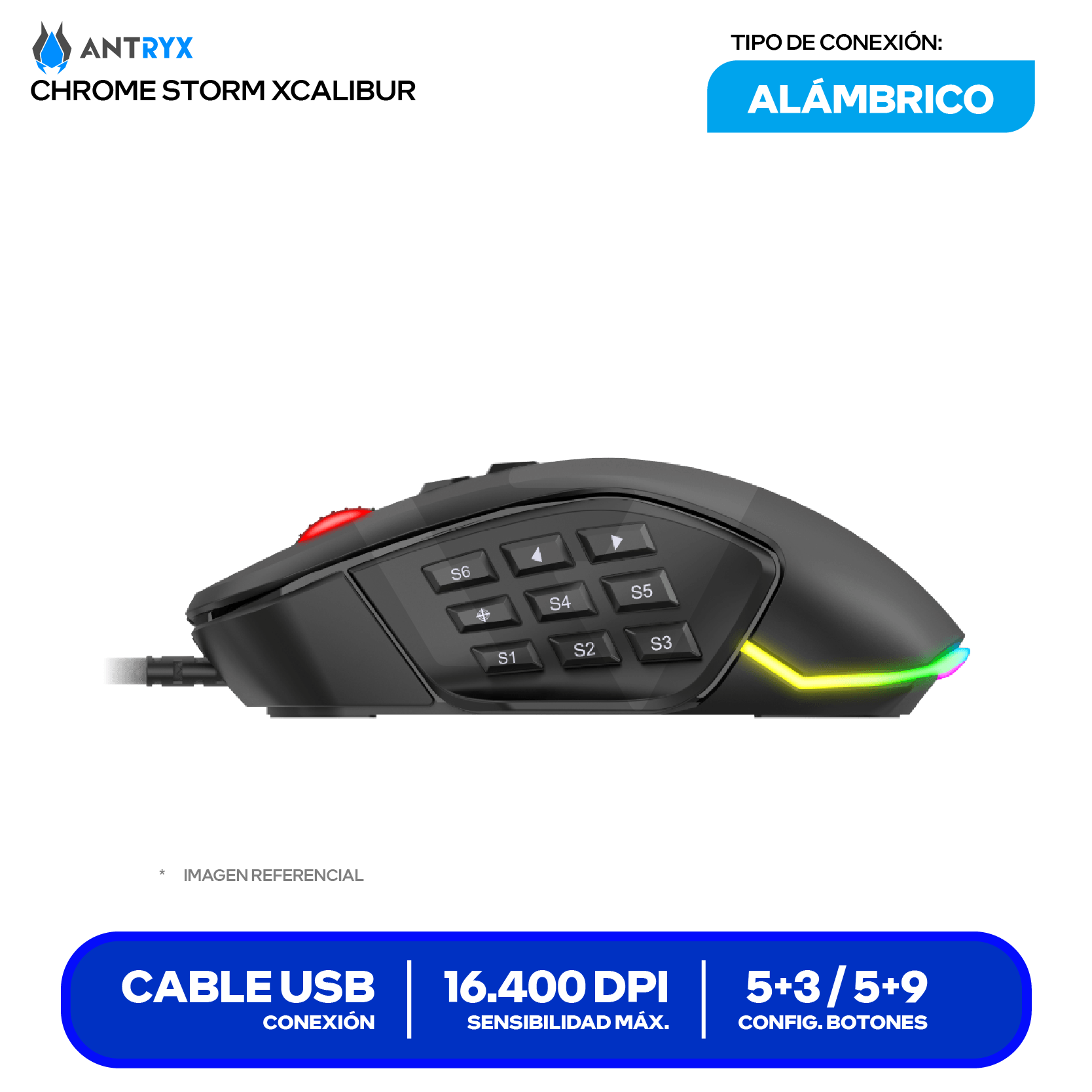 Mouse Gamer Antryx Chrome Storm Xcalibur (AGM-CS7500K) Negro 16.400 DPI