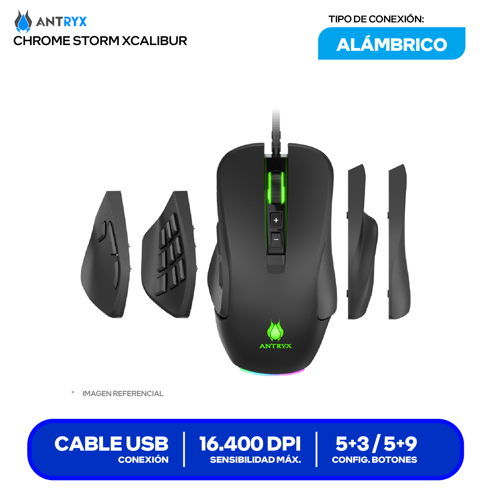 Mouse Gamer Antryx Chrome Storm Xcalibur (AGM-CS7500K) Negro 16.400 DPI