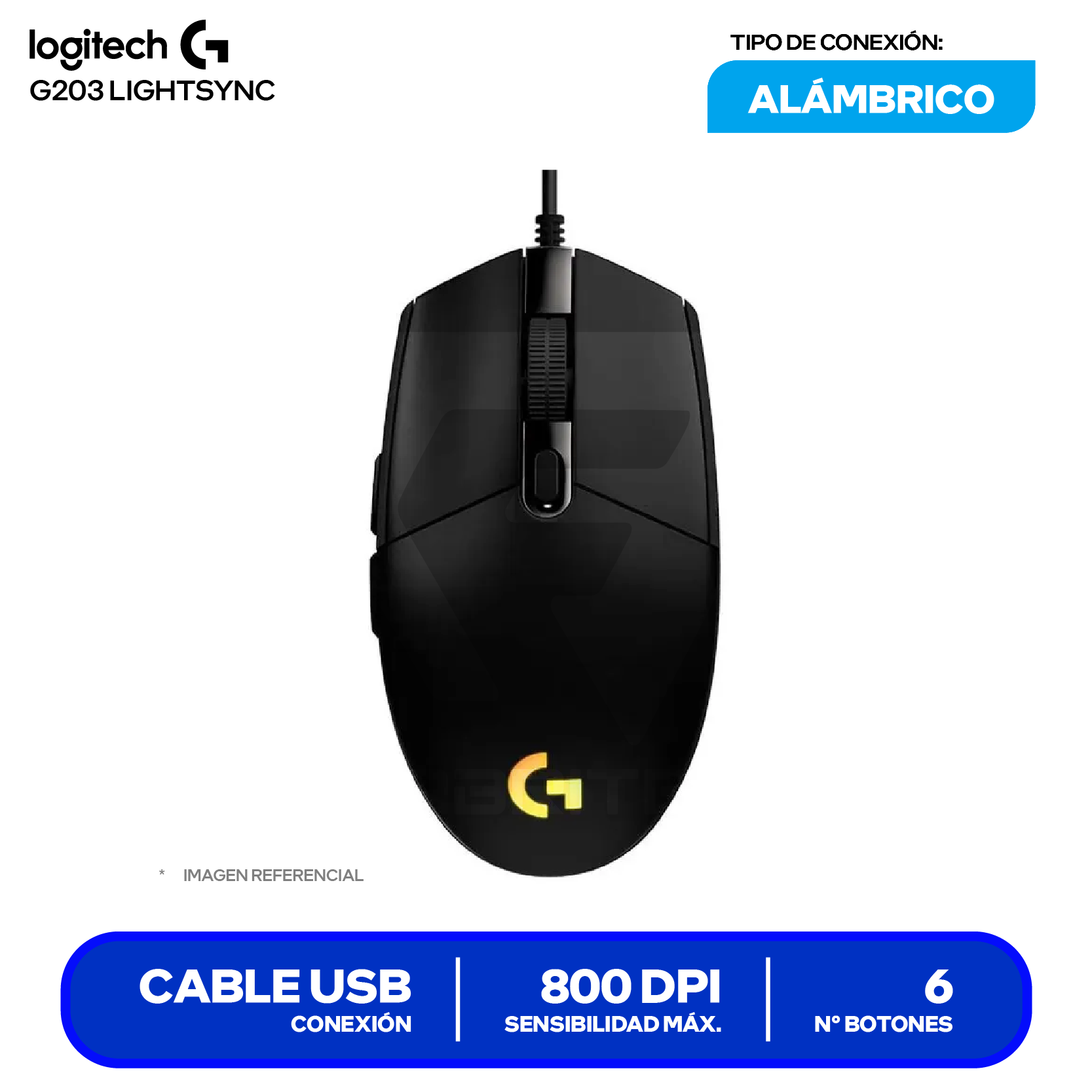 Mouse Gamer Logitech G203 Lighsync ( 910-005790 )  Negro 8000 DPI