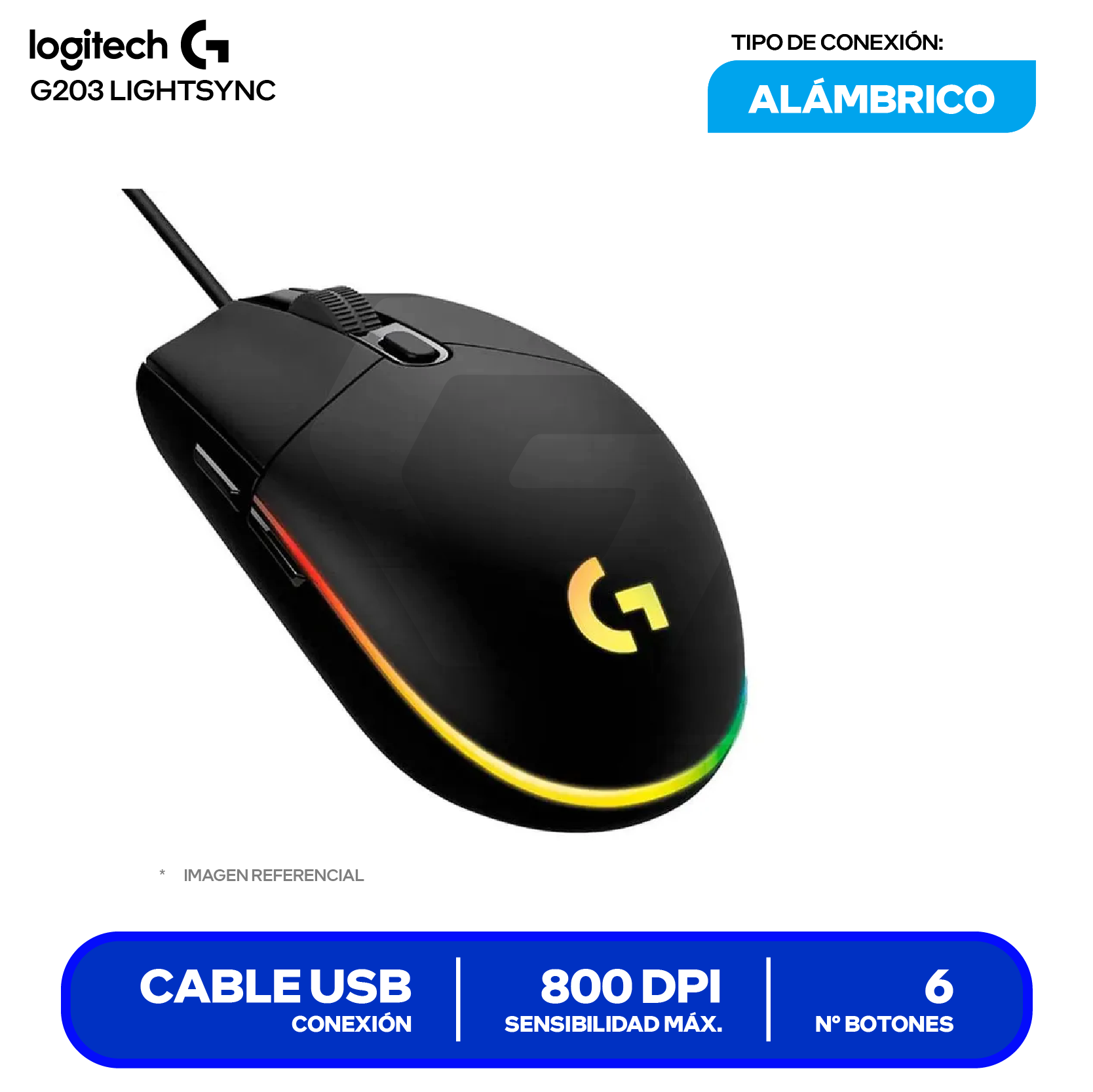 Mouse Gamer Logitech G203 Lighsync ( 910-005790 )  Negro 8000 DPI