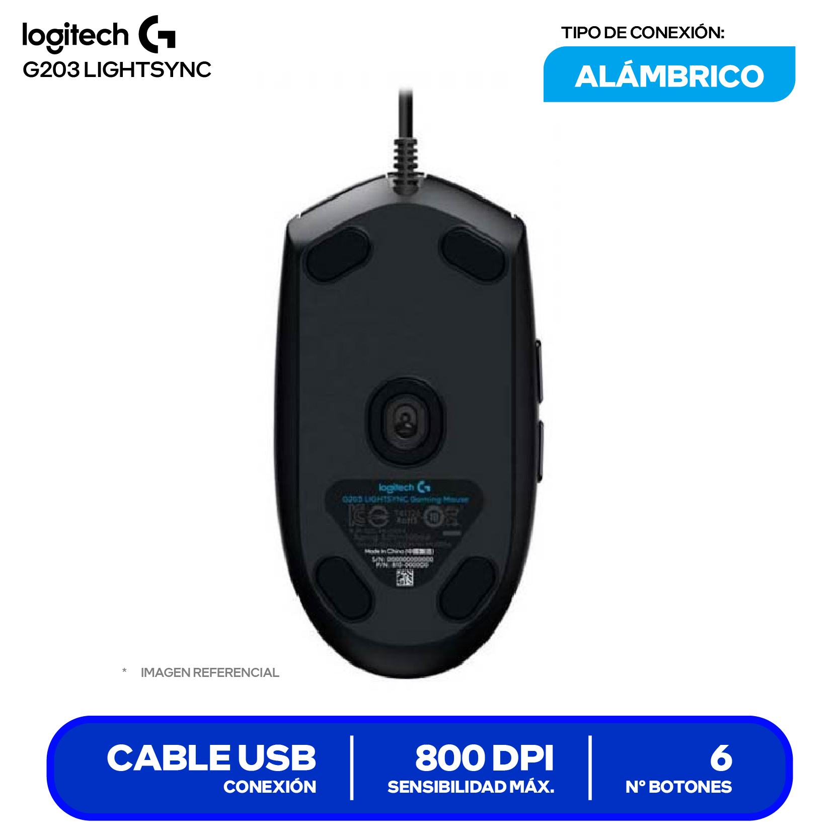 Mouse Gamer Logitech G203 Lighsync ( 910-005790 )  Negro 8000 DPI