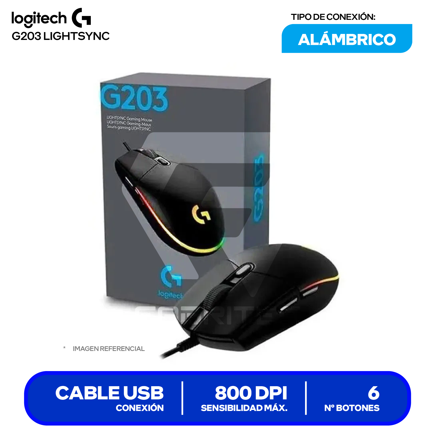 Mouse Gamer Logitech G203 Lighsync ( 910-005790 )  Negro 8000 DPI