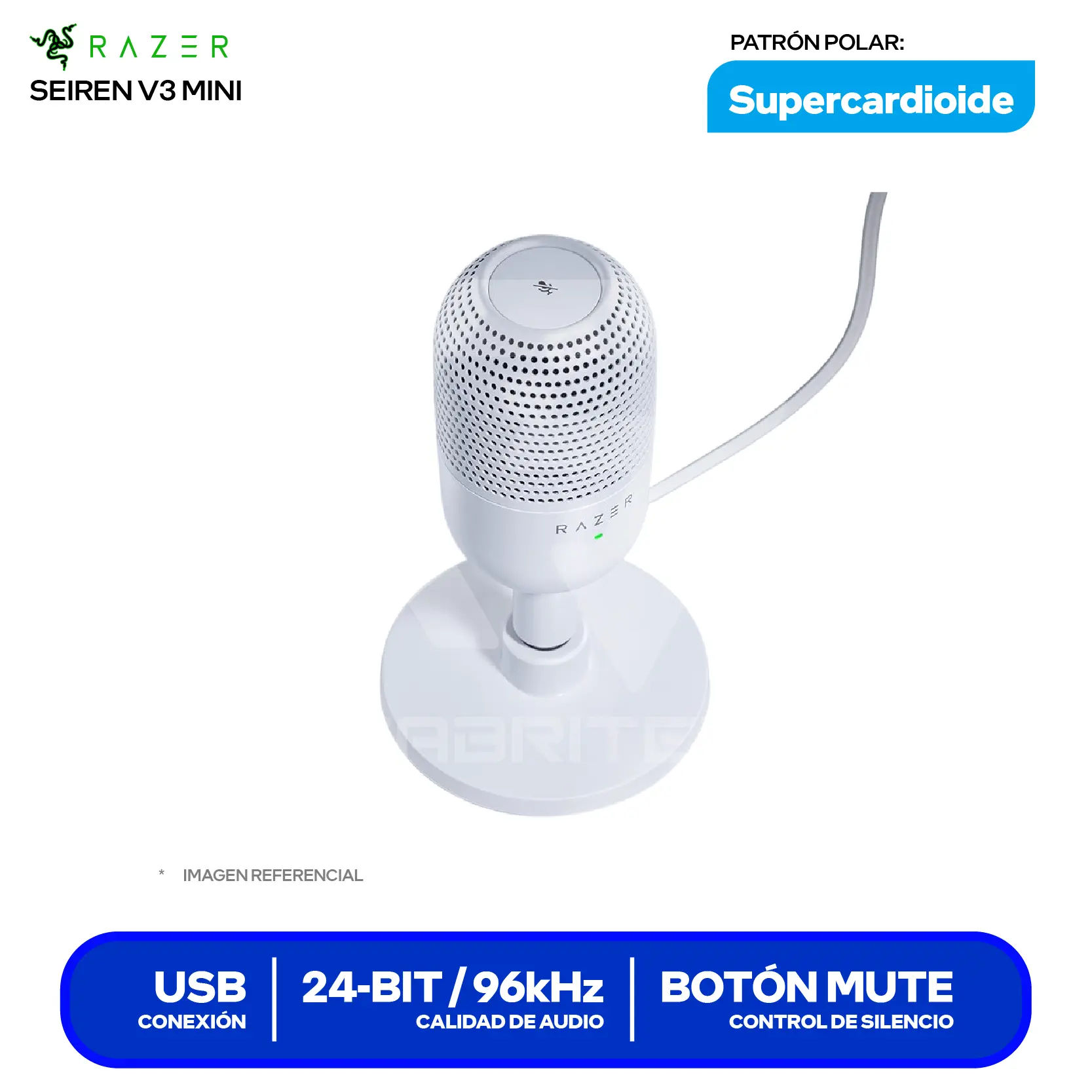 Micrófono Razer Seiren V3 Mini Blanco (10MAB9901-COD24003) USB