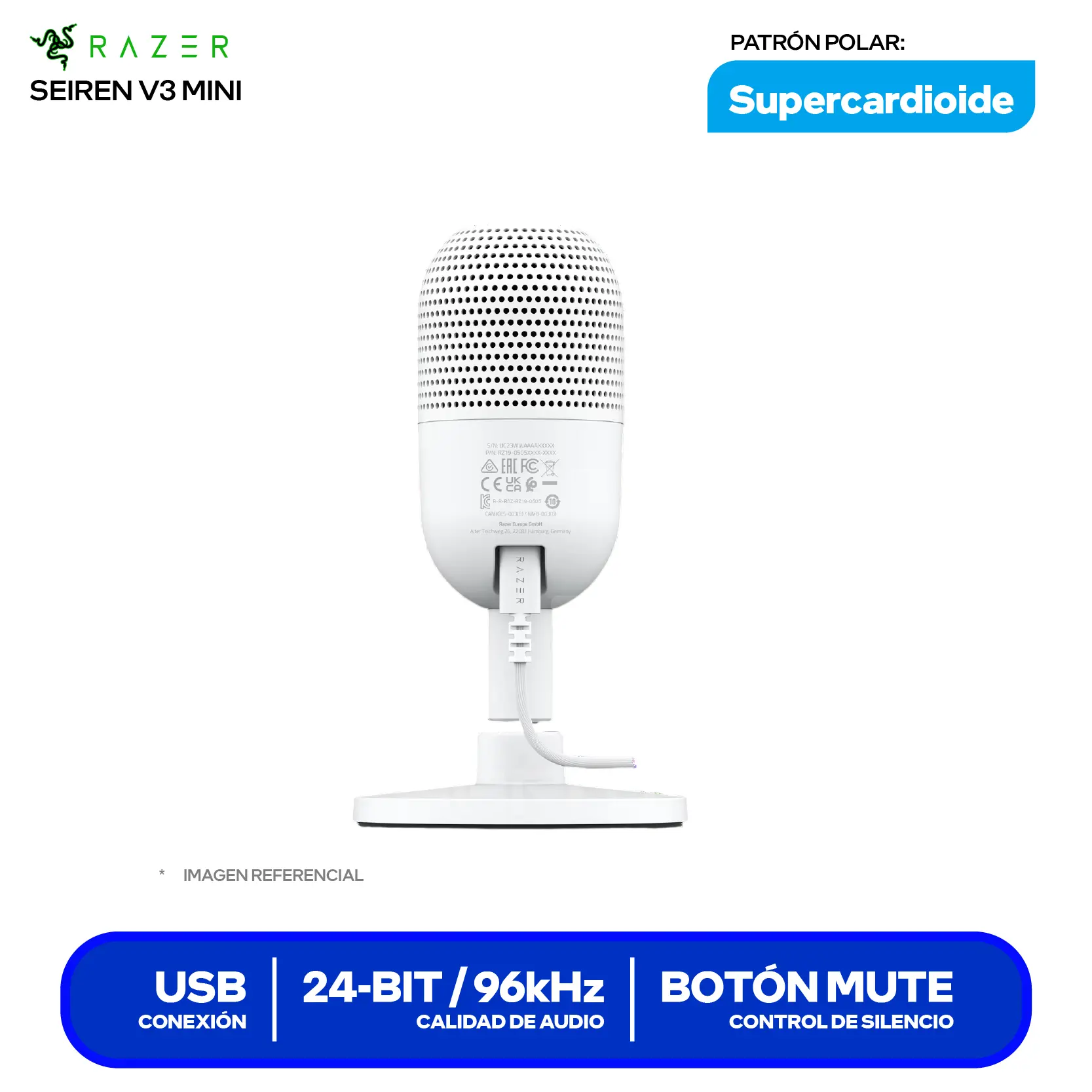 Micrófono Razer Seiren V3 Mini Blanco (10MAB9901-COD24003) USB