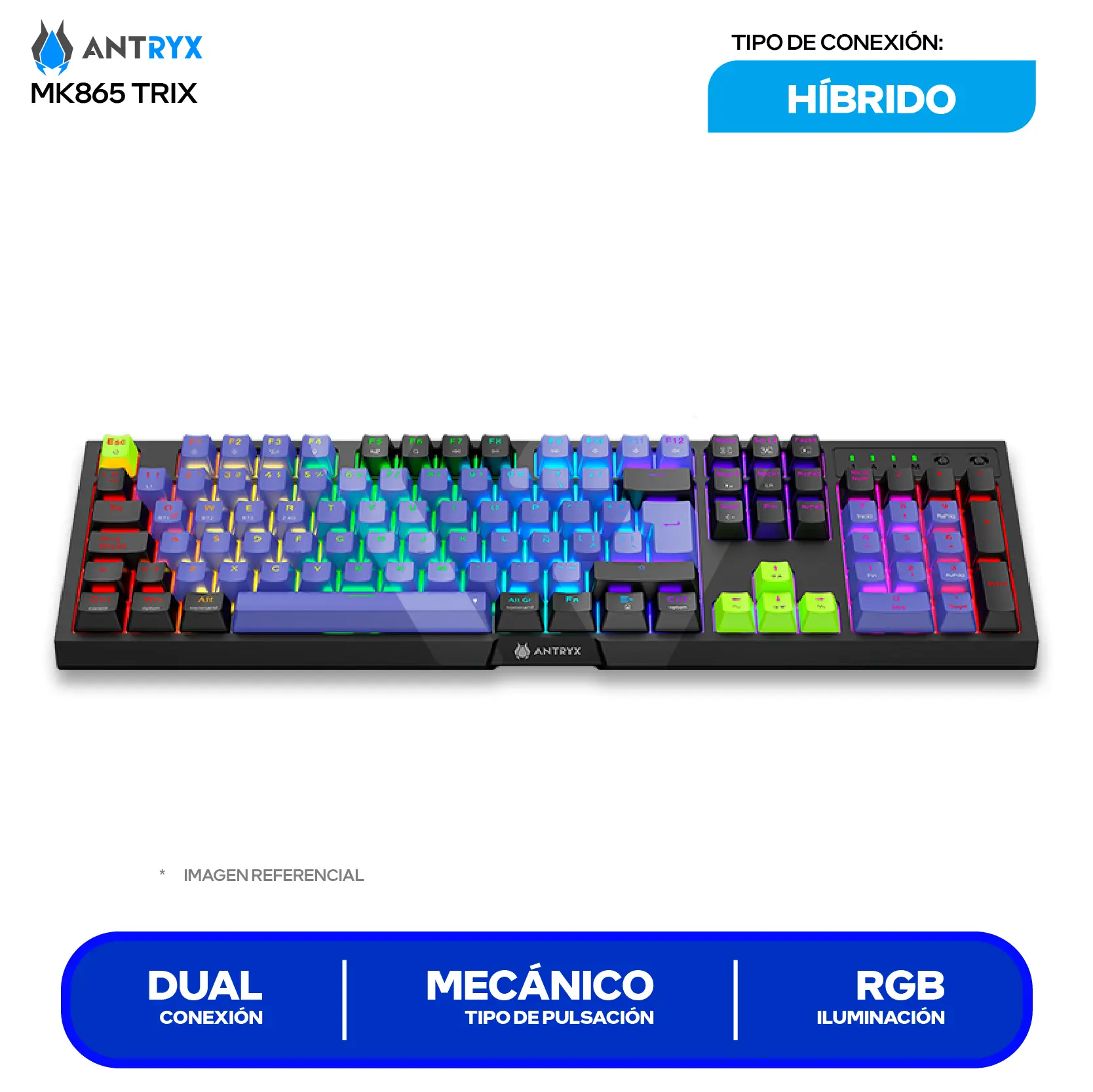Teclado Gamer Inalámbrico Antryx MK-865 Trix Lila C/ Negro ( AMK-865TXKRE-SP ) Switch Red,  Mecánico RGB