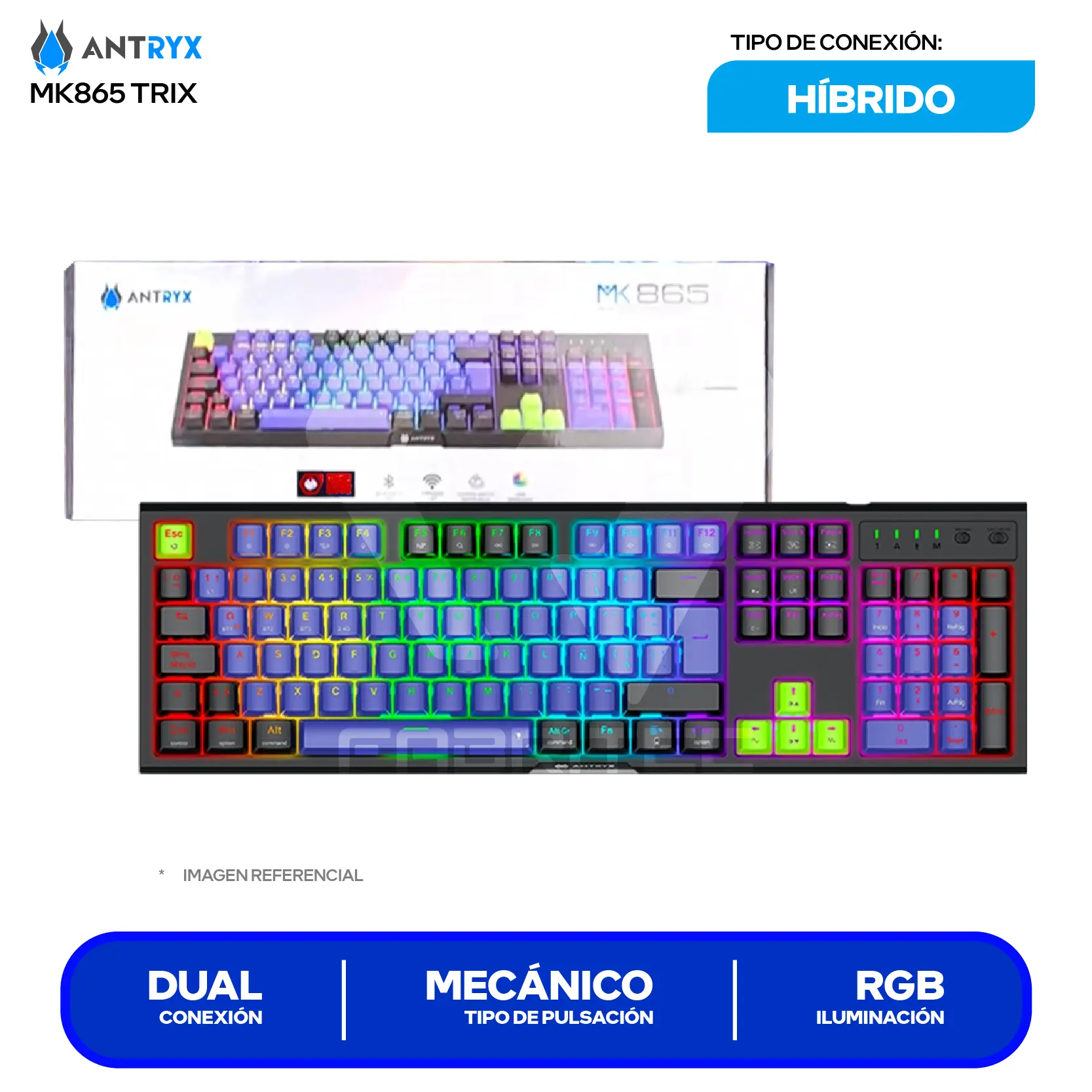 Teclado Gamer Inalámbrico Antryx MK-865 Trix Lila C/ Negro ( AMK-865TXKRE-SP ) Switch Red,  Mecánico RGB