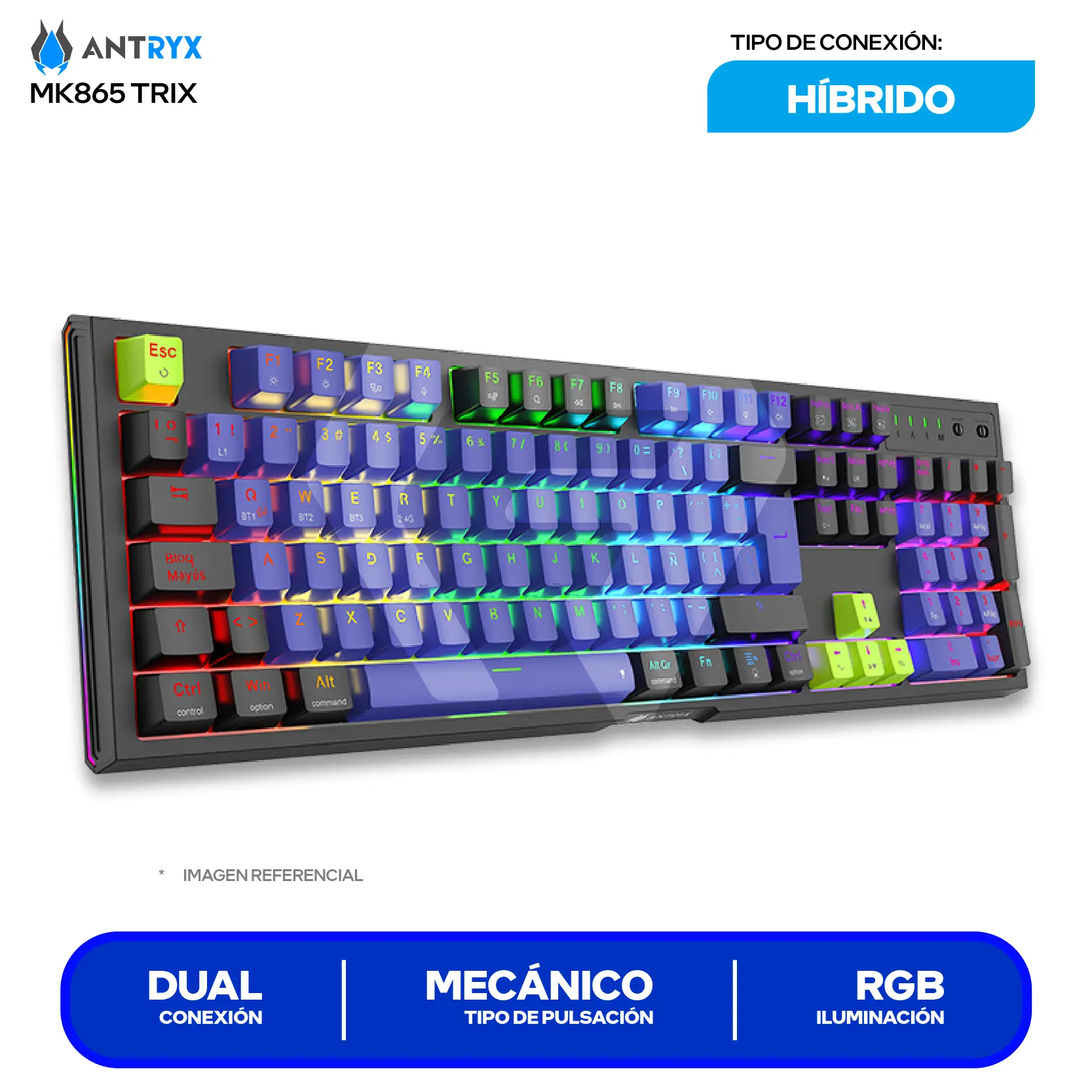 Teclado Gamer Inalámbrico Antryx MK-865 Trix Lila C/ Negro ( AMK-865TXKBL-SP ) Switch Blue, Mecánico RGB