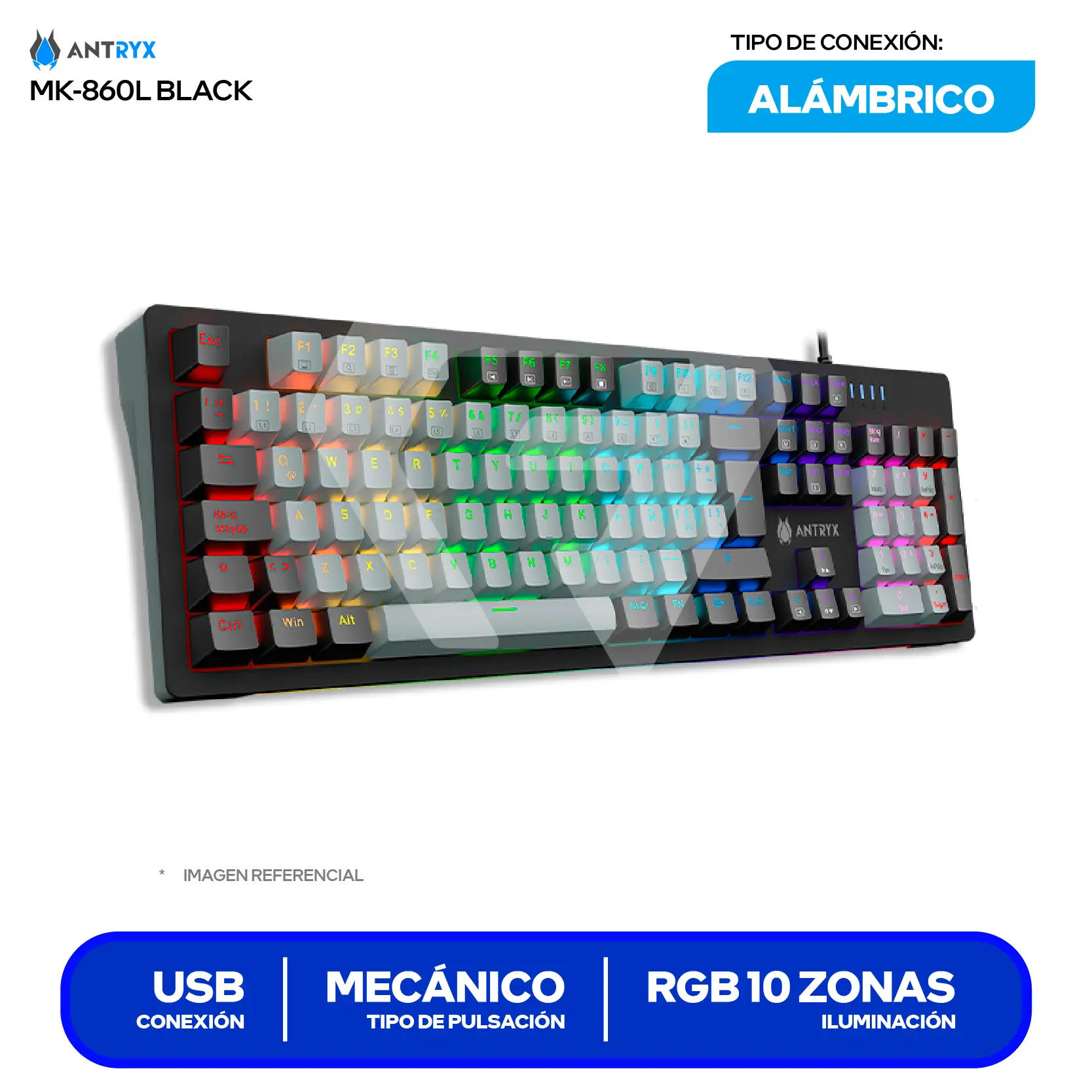 Teclado Gamer Antryx MK-860L Negro (AMK-860LKGRER1-SP) Mecánico, RGB, Switch Red
